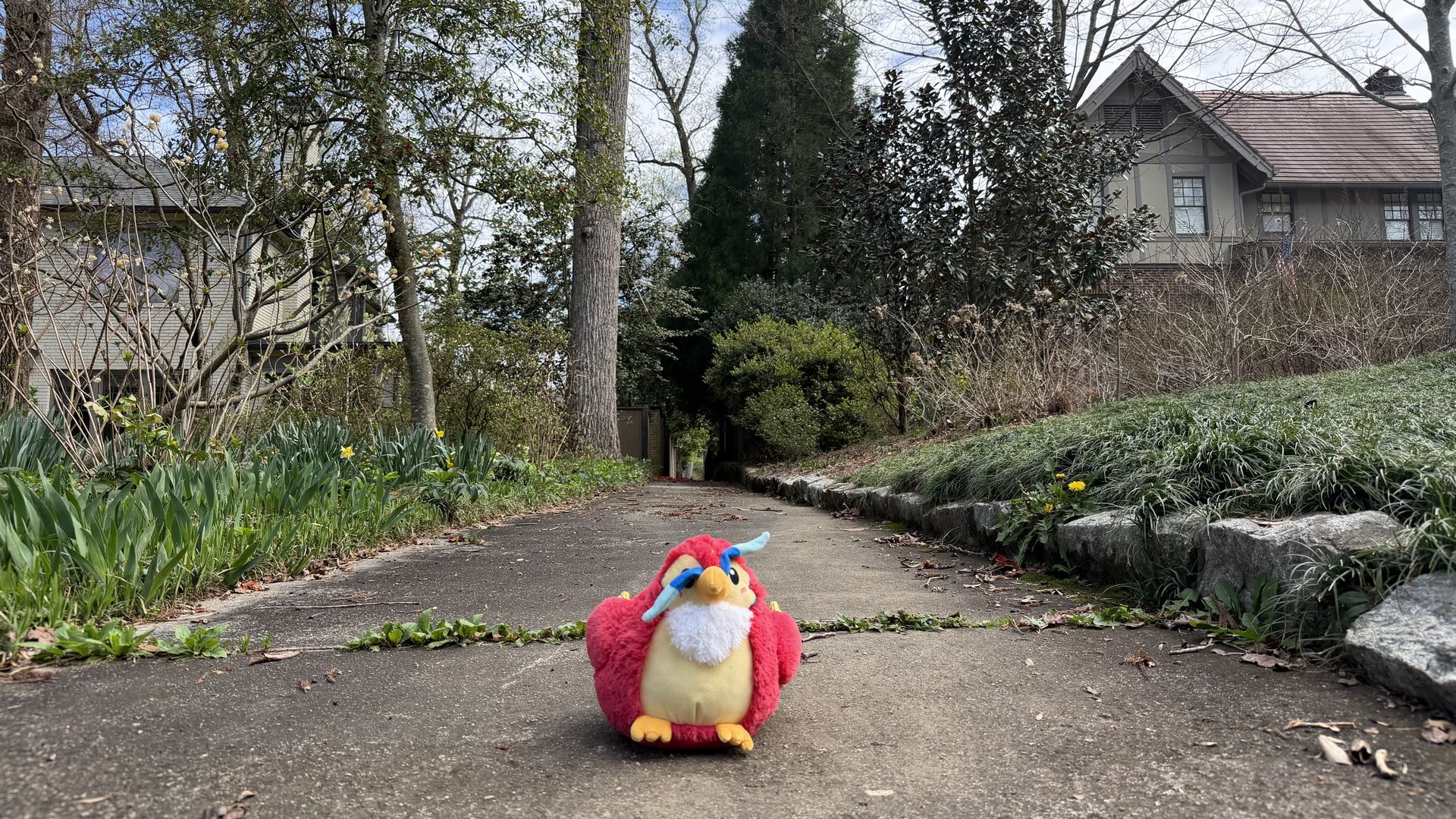 A bright pink plush bird with a yellow beak, white belly, and blue eyebrows sits on a concrete path in a suburban garden, with green plants, trees, and houses in the background.