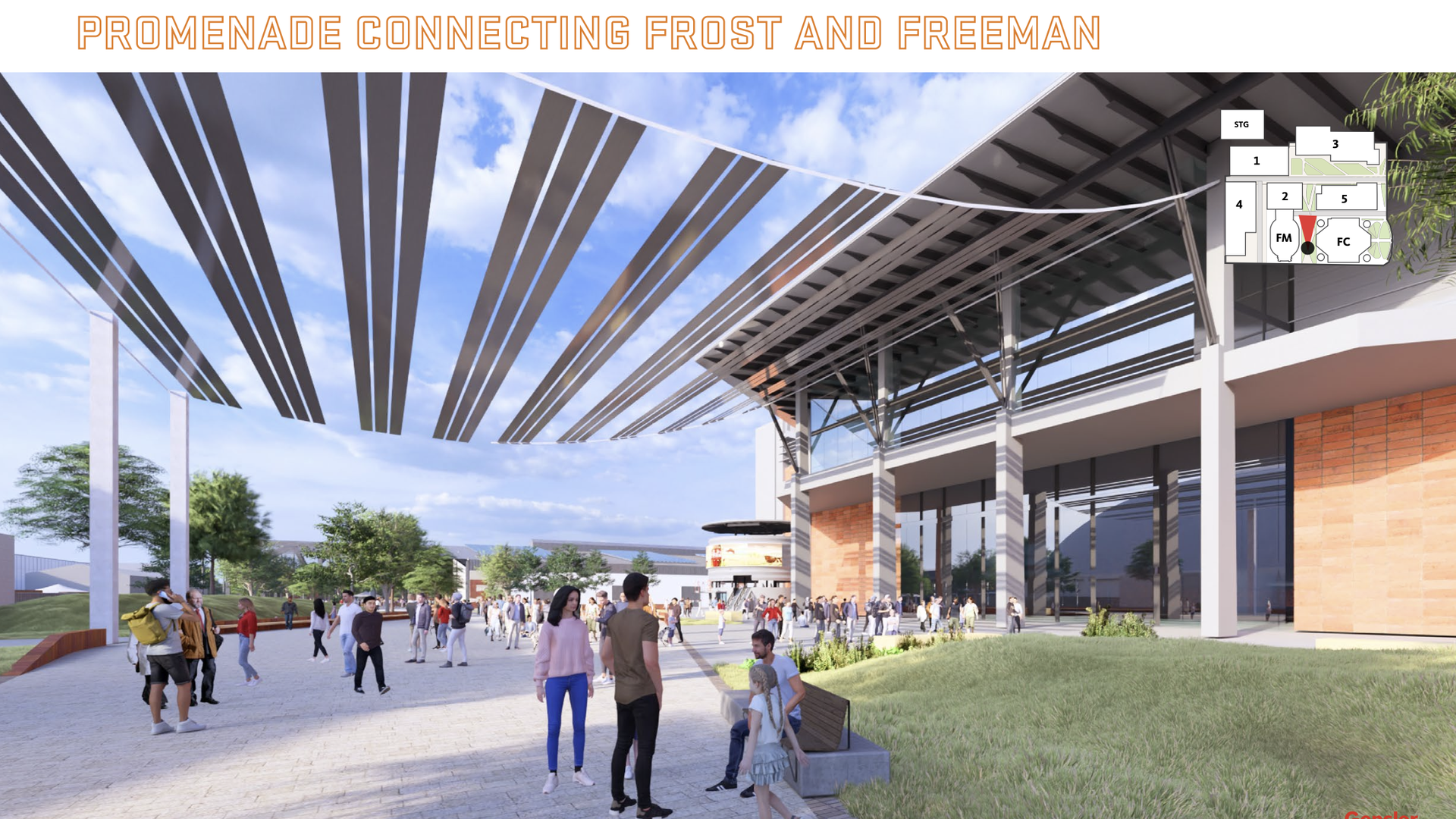 An outdoor walking area with modern architectural features, including large steel beams overhead, a brick building with large windows, green grass, and people walking and sitting around under a partly cloudy sky.