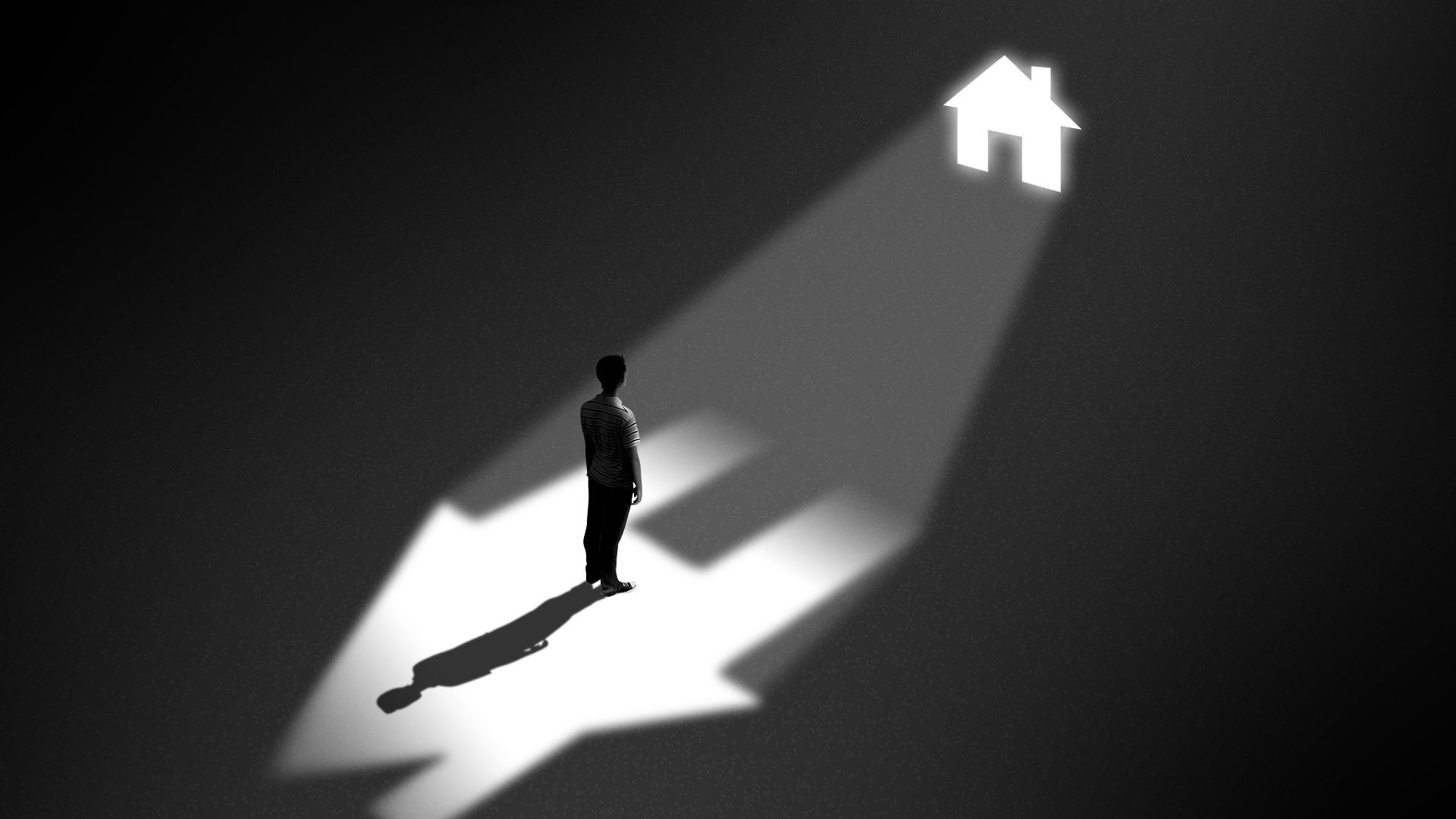 Illustration of a man standing in a dark cell looking up towards a tiny window in the shape of a house casting light inside his cell. 