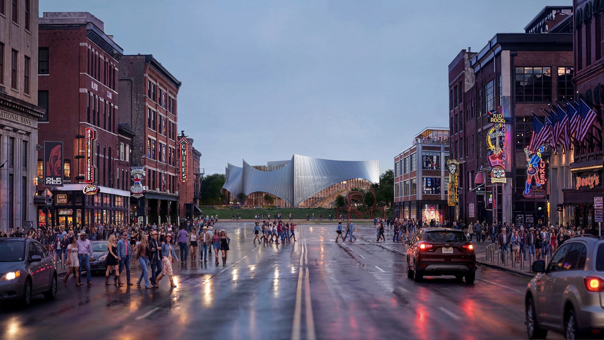 Evening urban scene with a wet street and pedestrians crossing in front of red brick buildings. A shiny, sculptural silver structure sits center, flanked by neon signs and flags on the right.