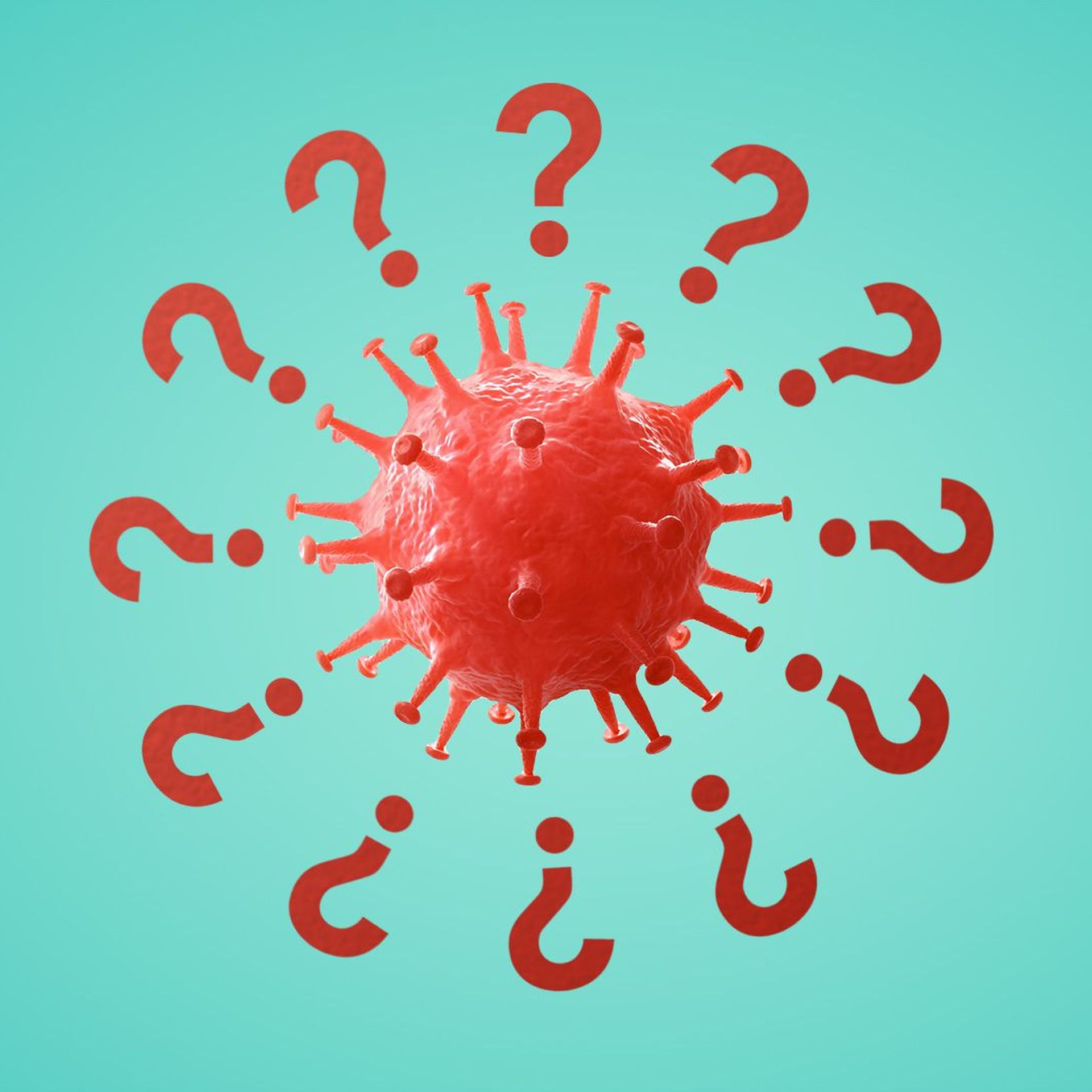 Illustration of a virus cell surrounded by question marks