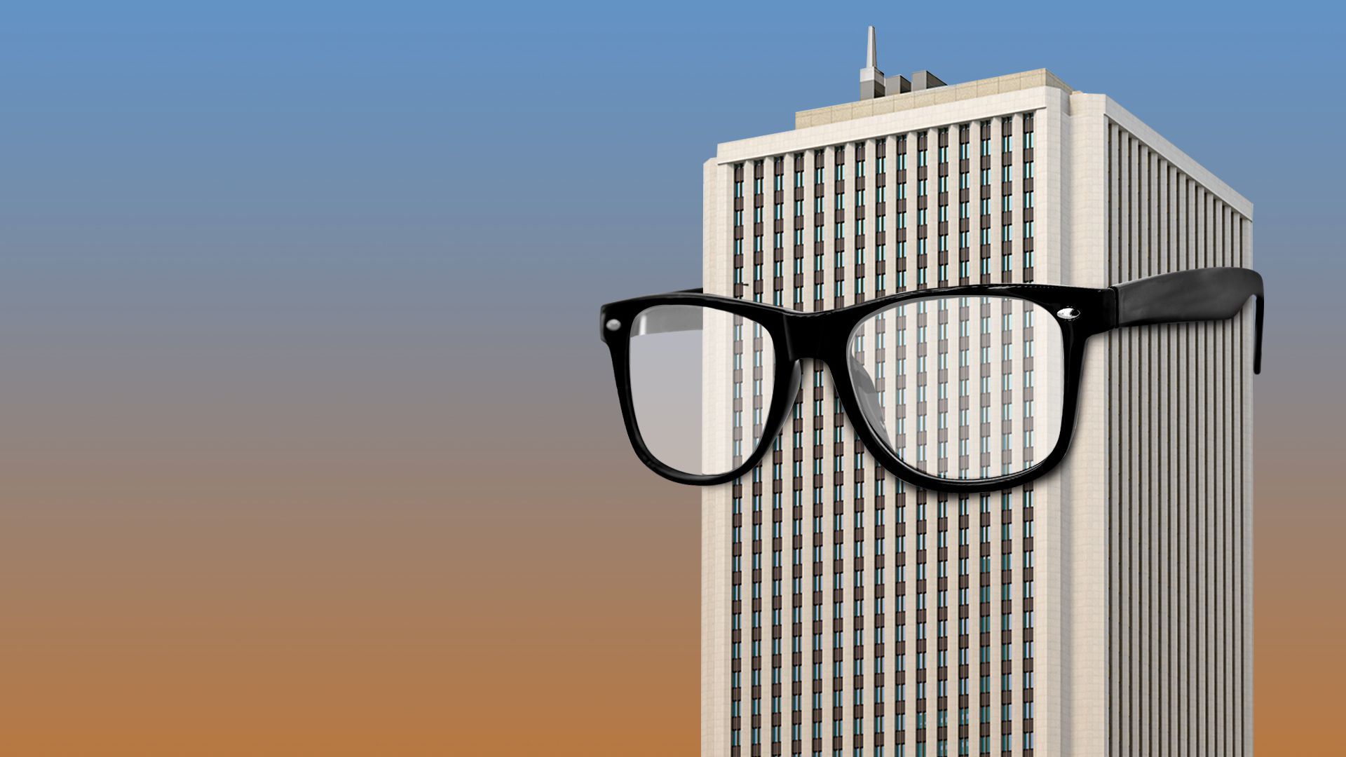 Illustration of a skyscraper wearing glasses. 