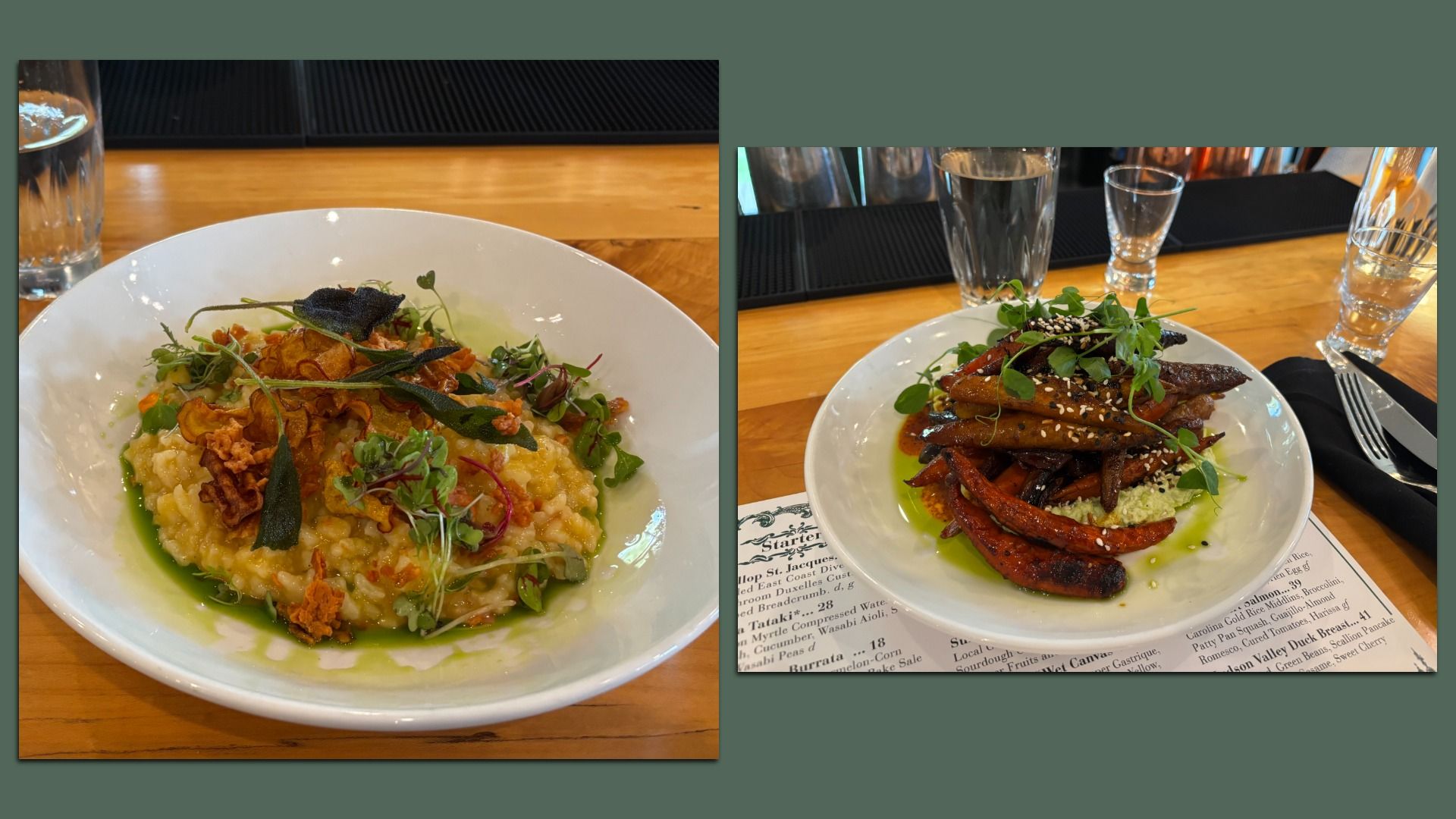 Two dishes on a wooden bar: left is creamy risotto with crispy onions and microgreens, drizzled with green herb oil; right is stack of glazed meat with sesame seeds, greens, and green sauce.