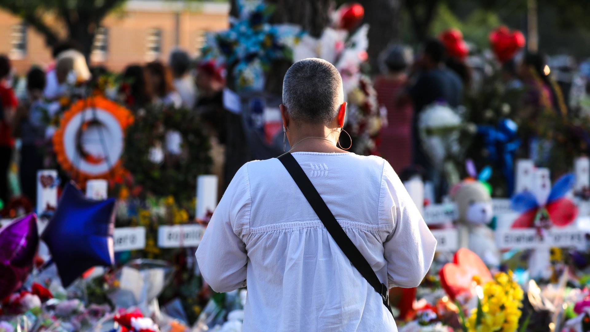 A memorial for the 19 children and two adults killed on May 24th during a mass shooting at Robb Elementary School is seen on May 30, 2022 in Uvalde, Texas.