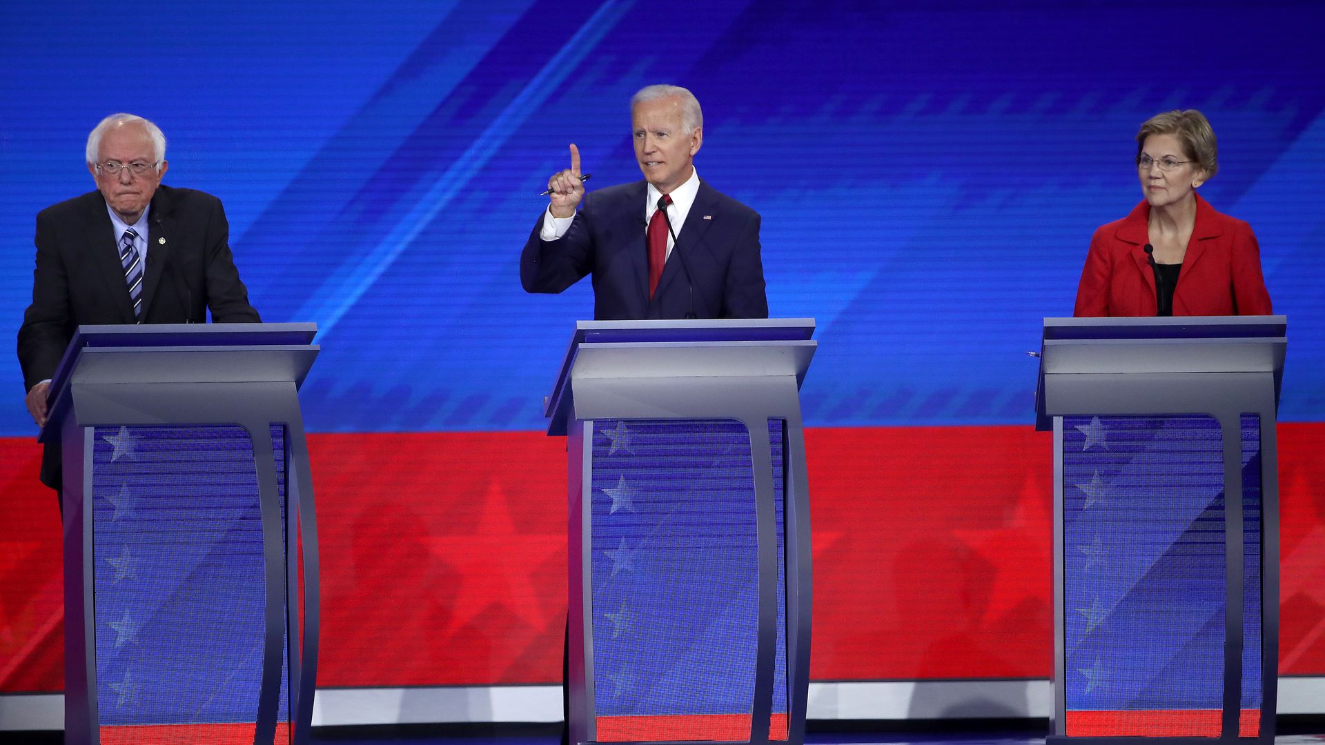 A picture of Biden, Sanders and Warren on a previous debate stage.