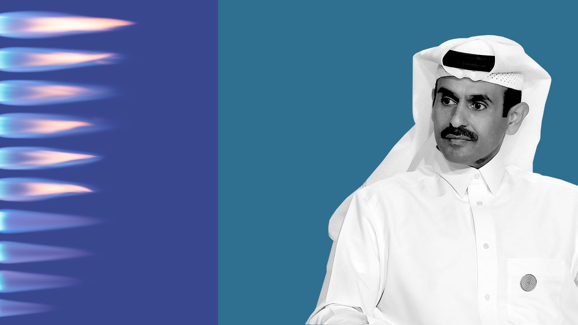 Photo illustration of Energy Minister for Qatar Saad Sherida al-Kaabi and an image of natural gas flames