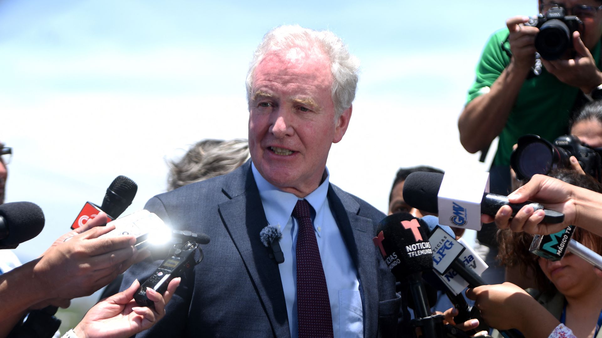 Senator Chris Van Hollen speaks during a press conference at a city viewpoint in Antiguo Cuscatlán, El Salvador, on April 16, 2025. Democratic senator Chris Van Hollen arrived in El Salvador on Wednesday to press for the release of a US resident thrust to the center of a storm over President Donald 