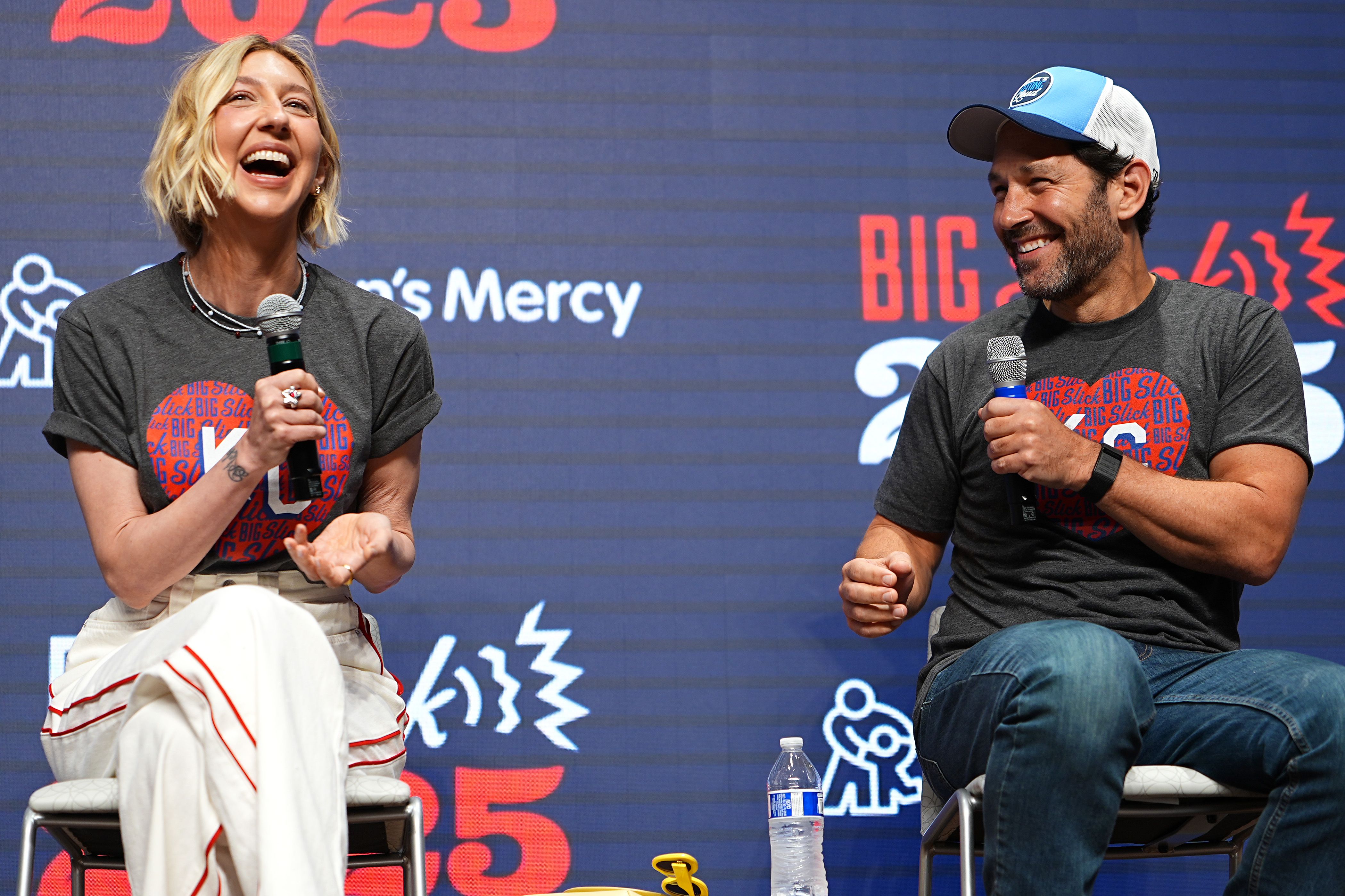 KANSAS CITY, MISSOURI - MAY 30: Heidi Gardner and Paul Rudd speak on a panel during the Big Slick Celebrity Weekend benefiting Children's Mercy Hospital on May 30, 2025 in Kansas City, Missouri. 