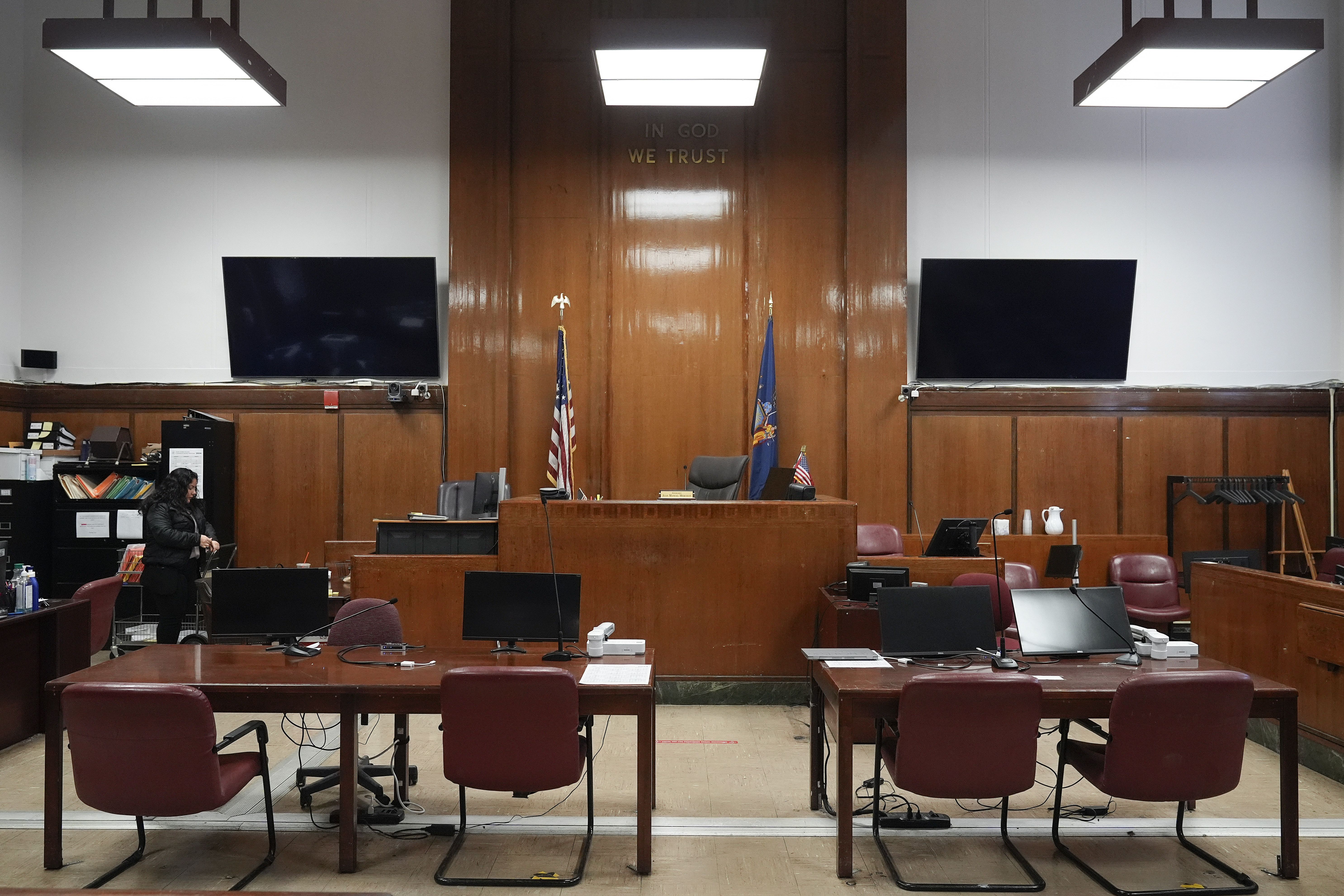 Judge Juan Merchan's courtroom sits empty between proceedings in March.