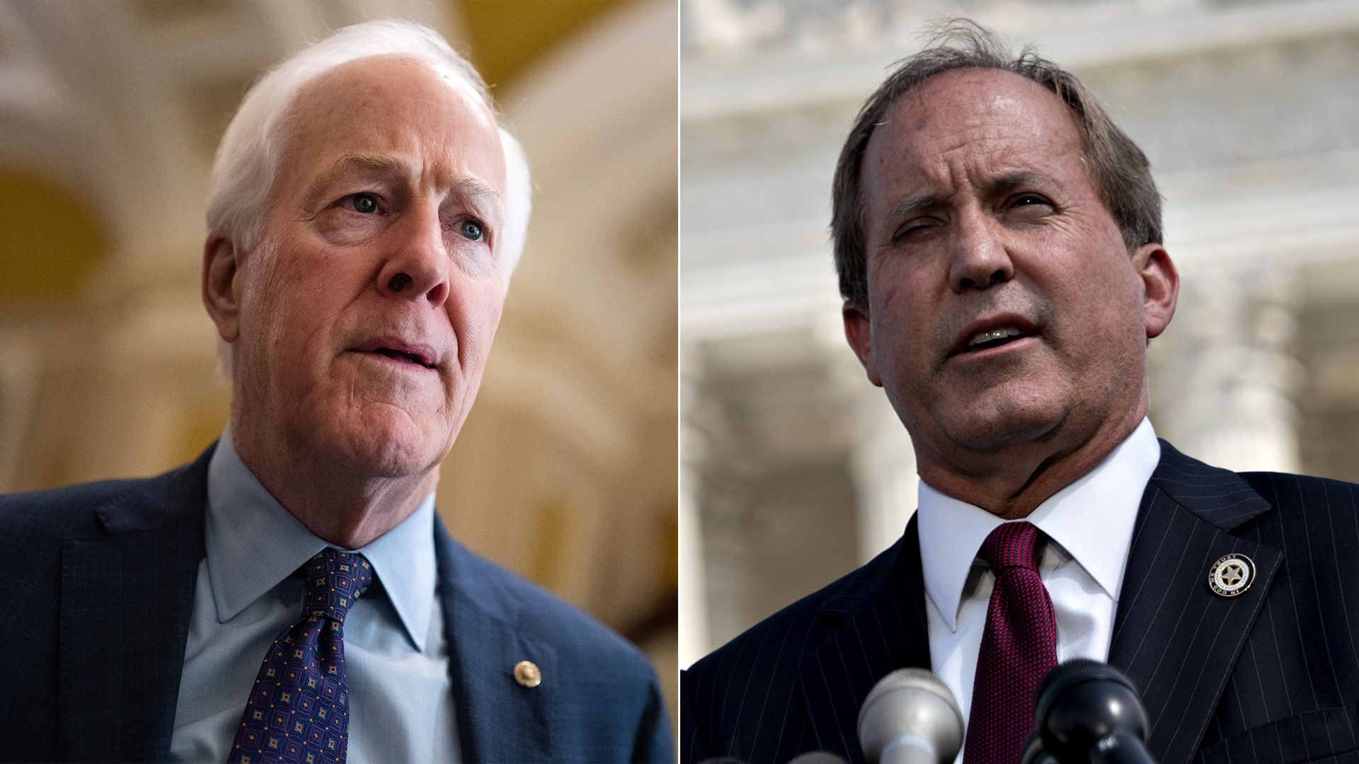 Side-by-side photo showing Sen. John Cornyn and Texas attorney general Ken Paxton