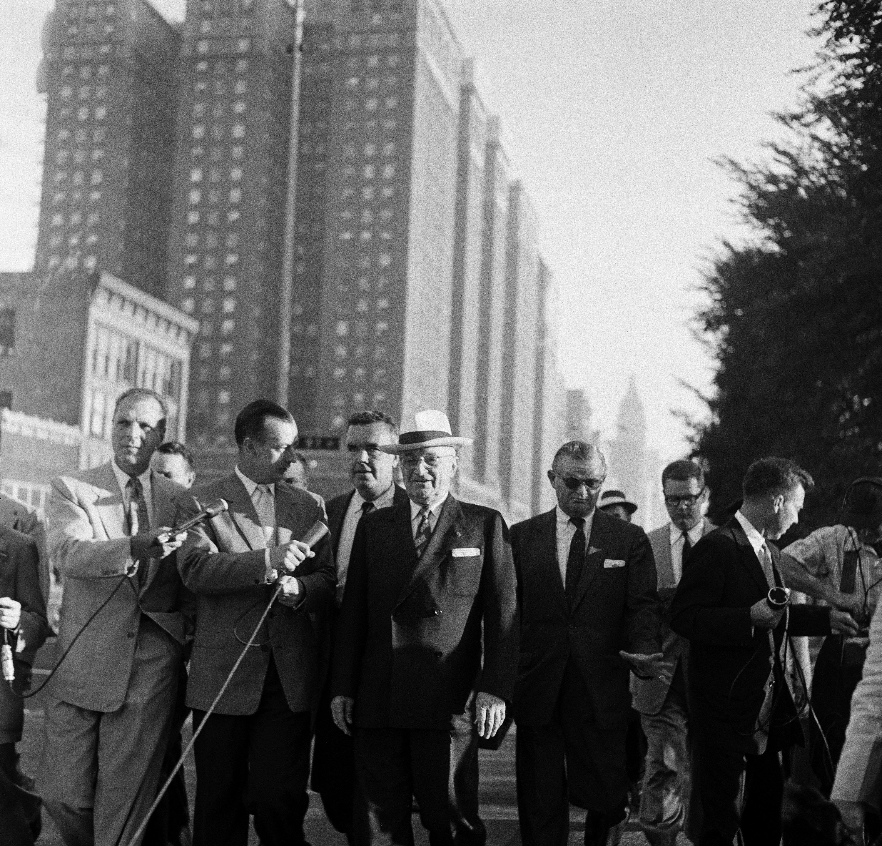 Former U.S. President Harry S. Truman is interviewed by reporters in Chicago while attending the 1956 Democratic National Convention. 
