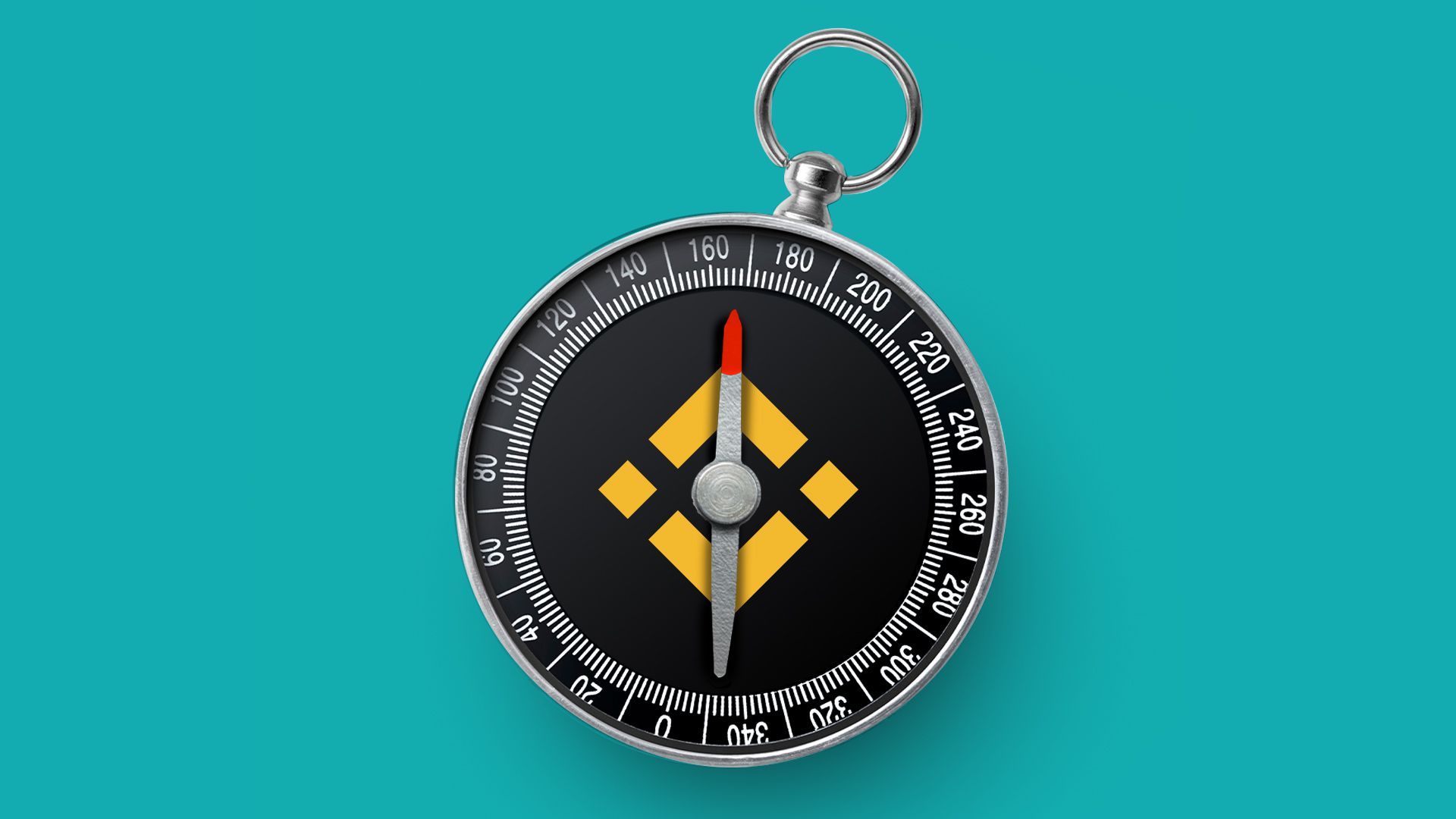 Illustration of the Binance logo on a compass. 