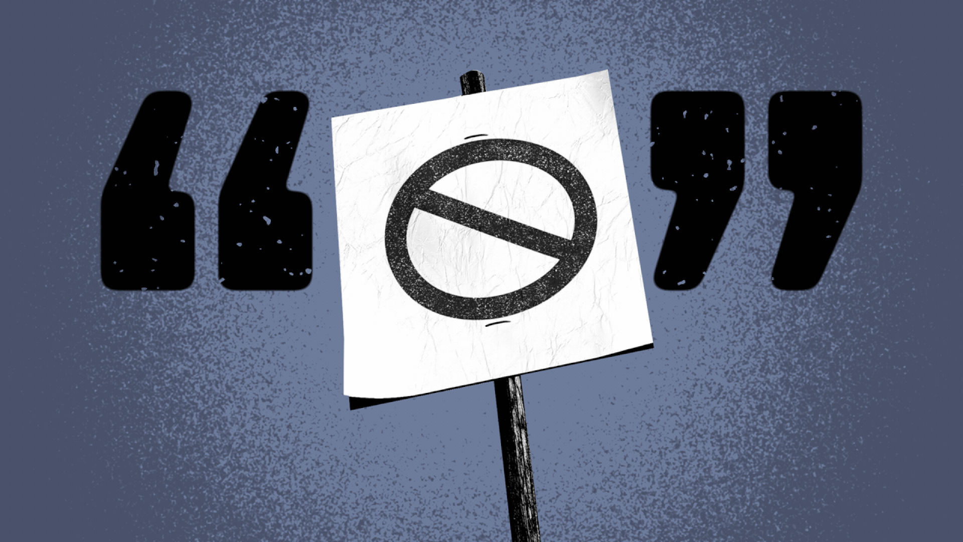 Illustration of a protest sign, a molotov cocktail and a bullhorn cycling between two quotation marks.