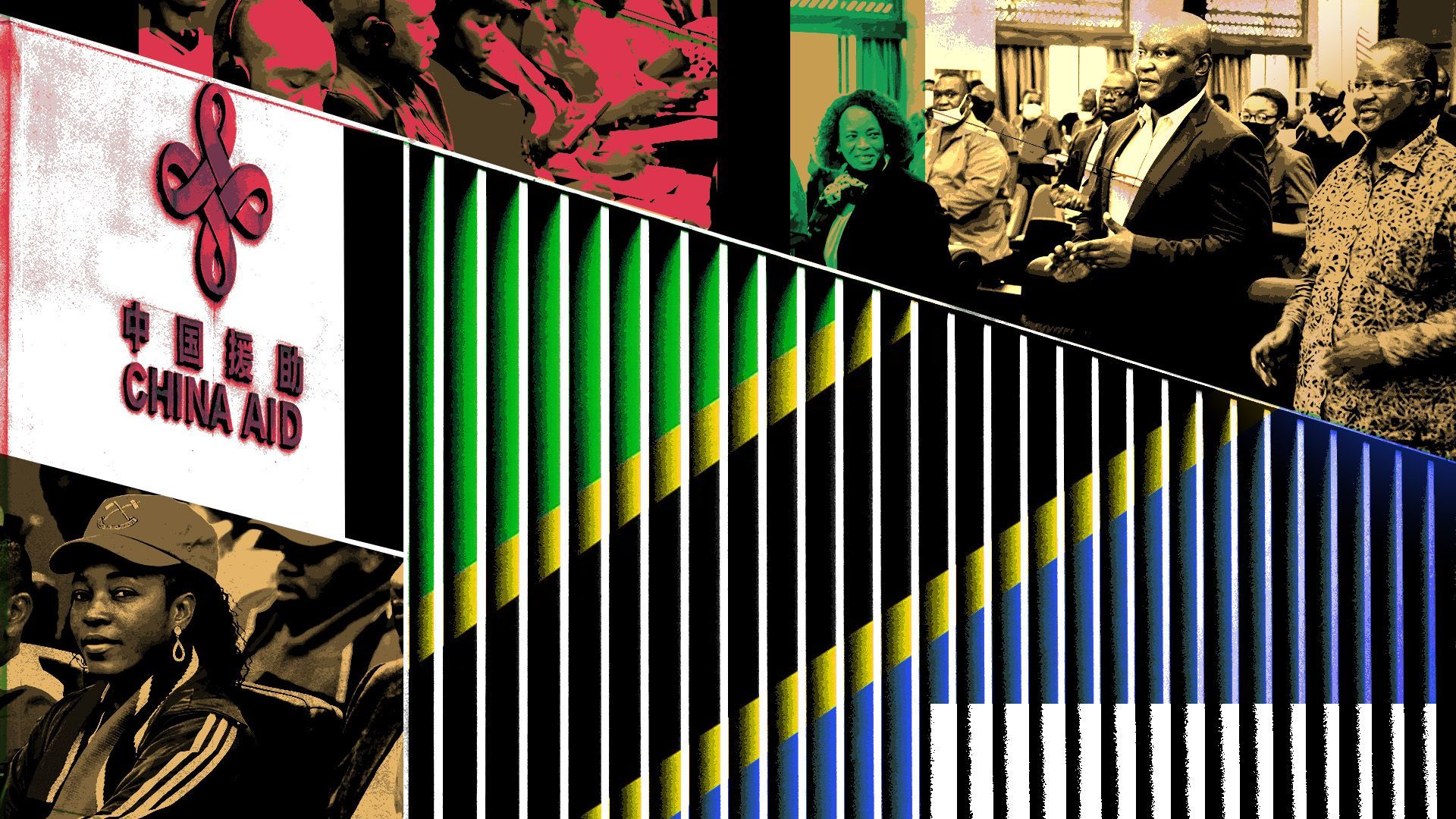 Photo illustration of people from the The Mwalimu Julius Nyerere Leadership School in Tanzania with the Tanzanian flag