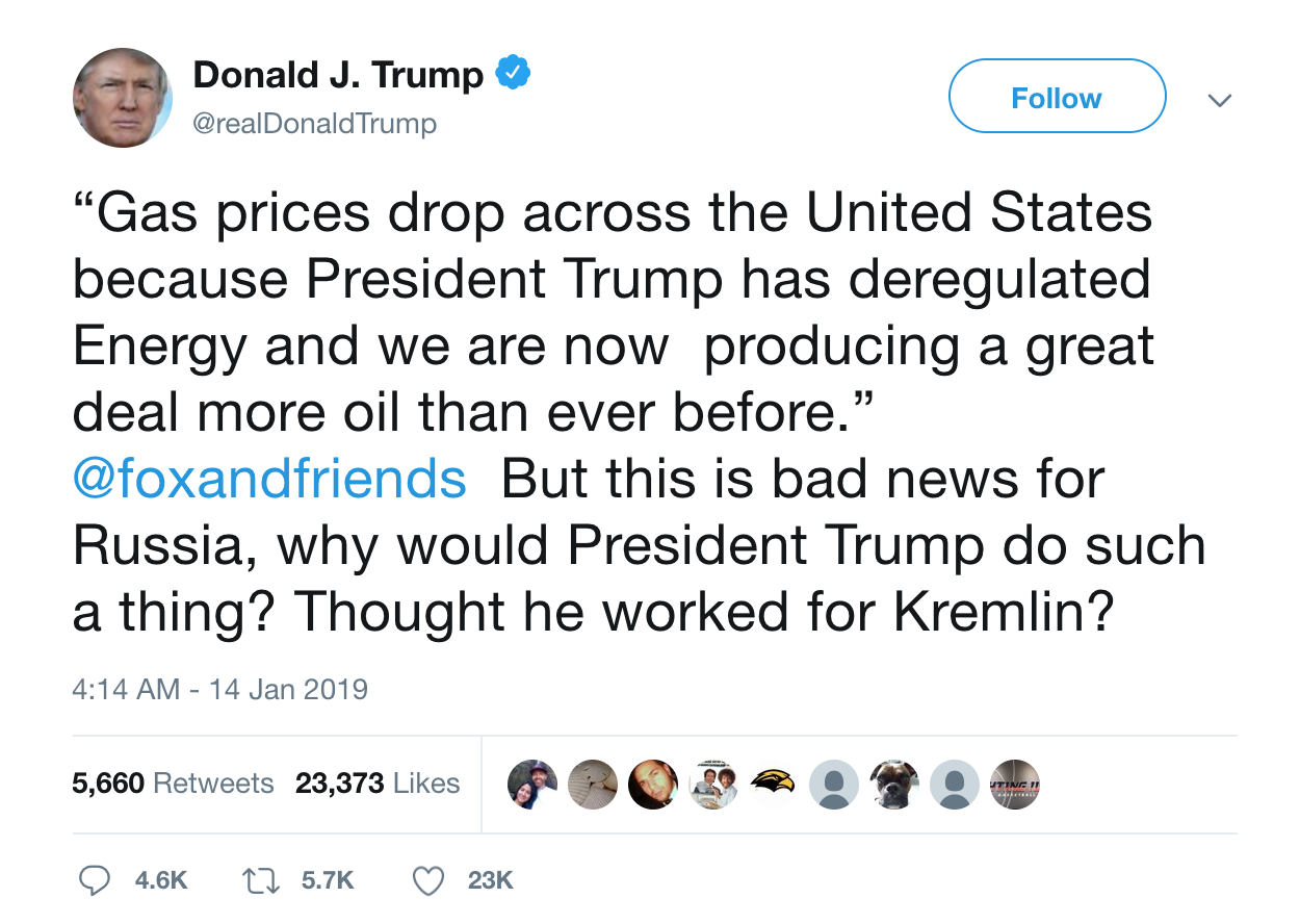 Screenshot of President Trump's twitter on fuel prices