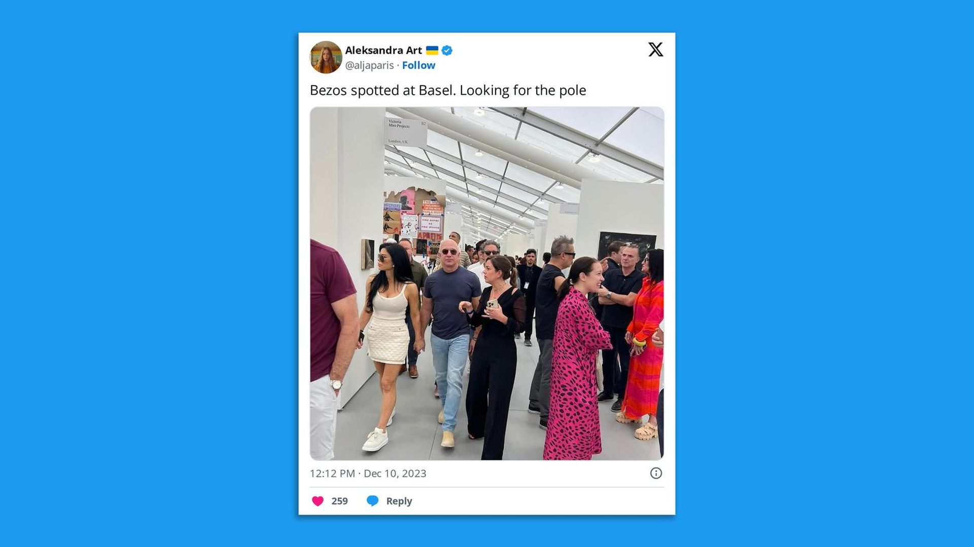 Jeff Bezos holding hands with fiancé Lauren Sánchez at Art Basel Miami Beach in a screenshot of a post on X, formerly Twitter