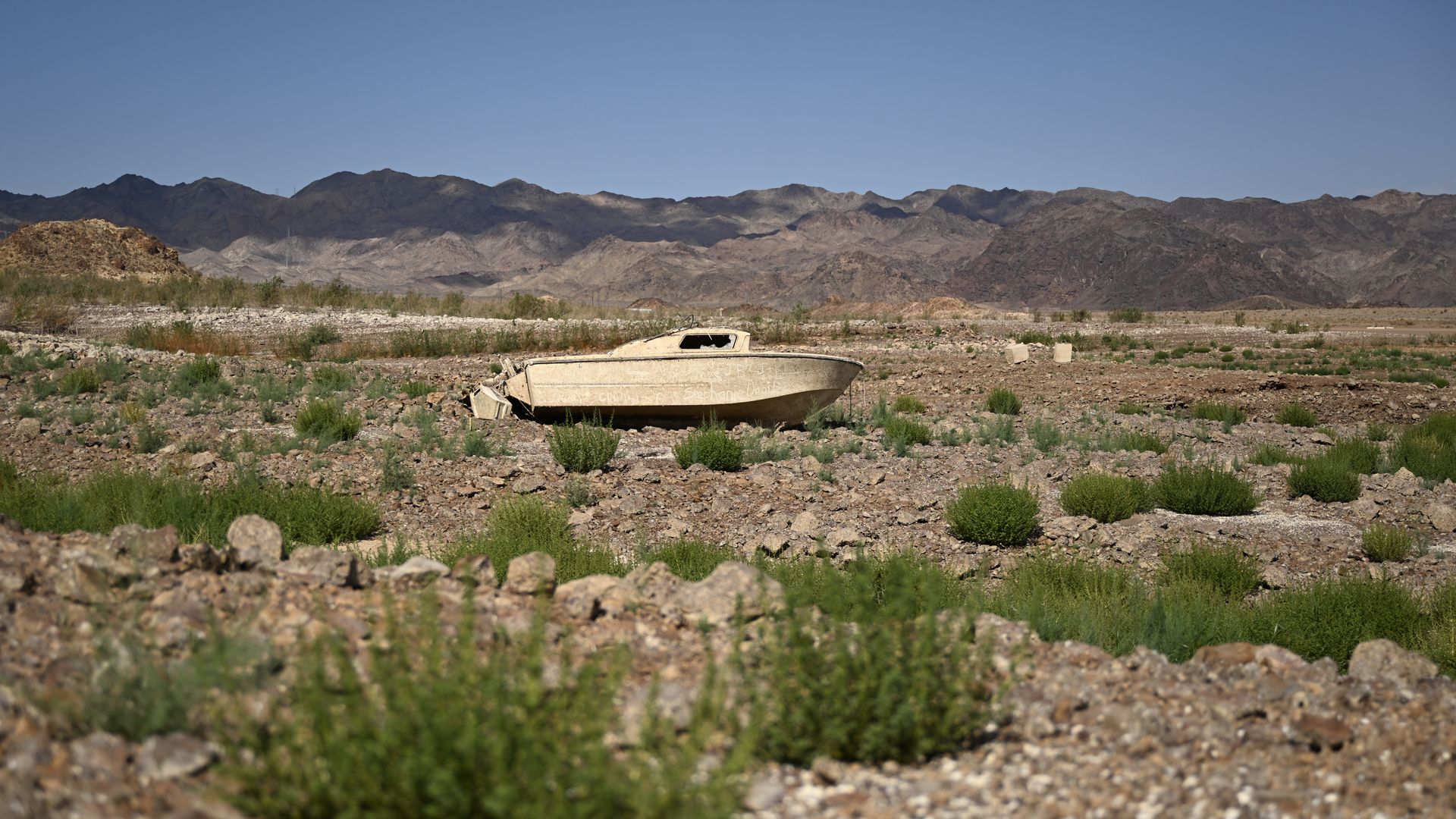 A sunken boat that emerged on the dried lake bed of Lake Mead in Arizona in 2022. 