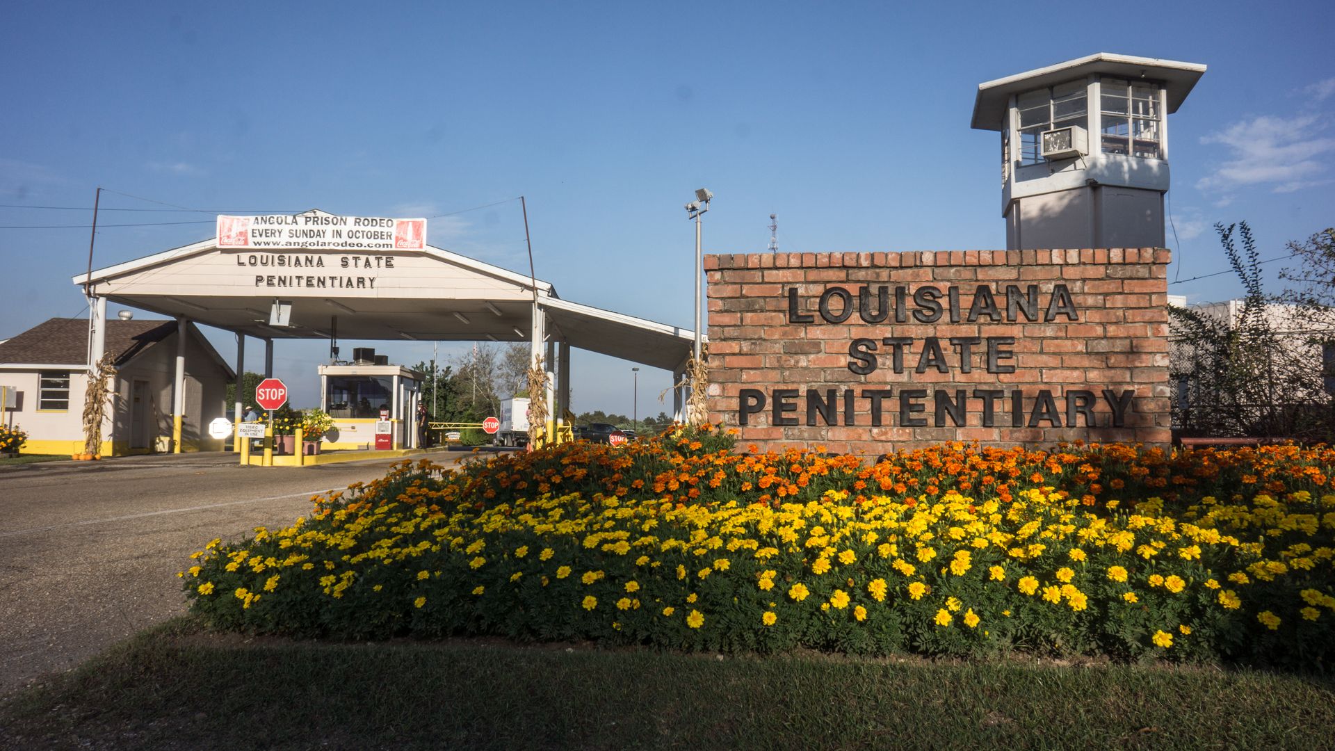 Entrance to Louisiana State Penitentiary with brick sign, yellow and orange flowers, guard booths, and a watchtower under a clear blue sky.