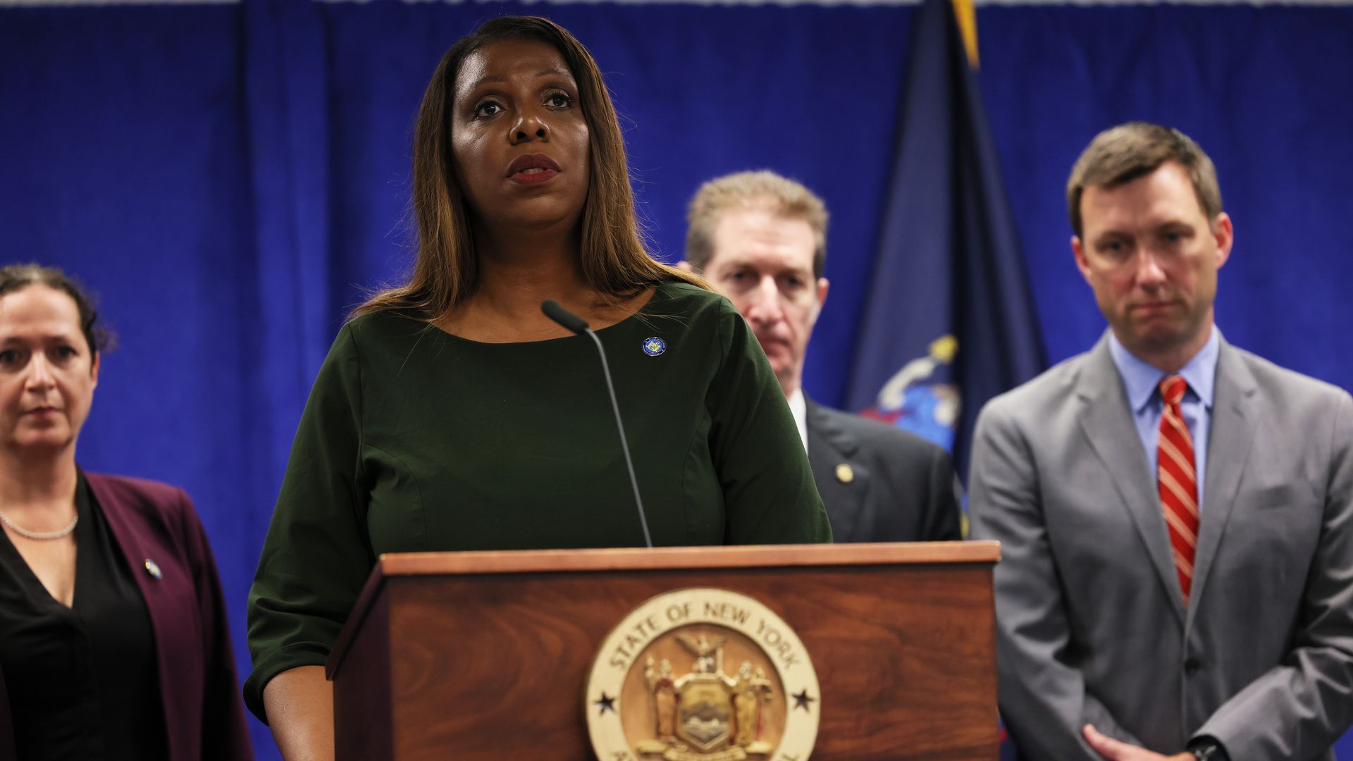 NY Attorney General Letitia James speaks during a press conference.