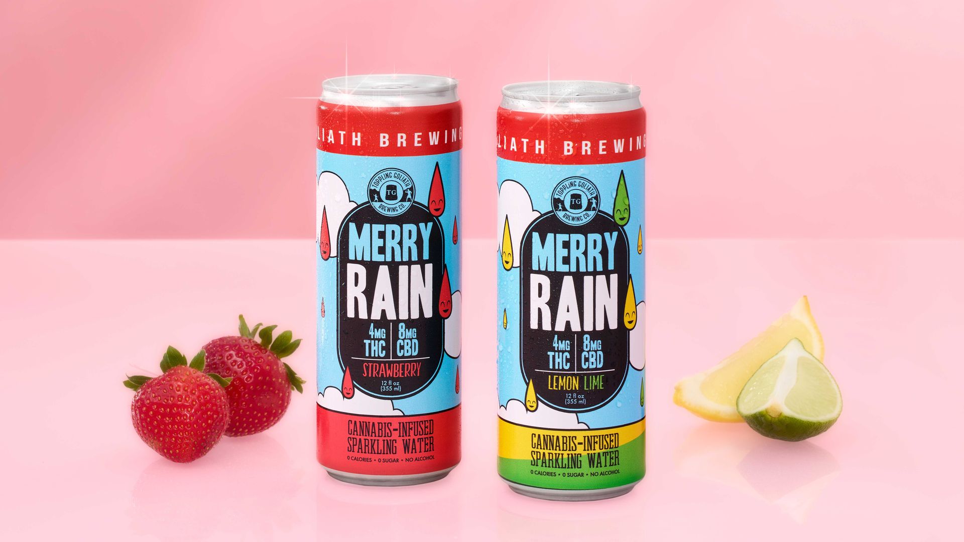 Merry Rain cans next to each other