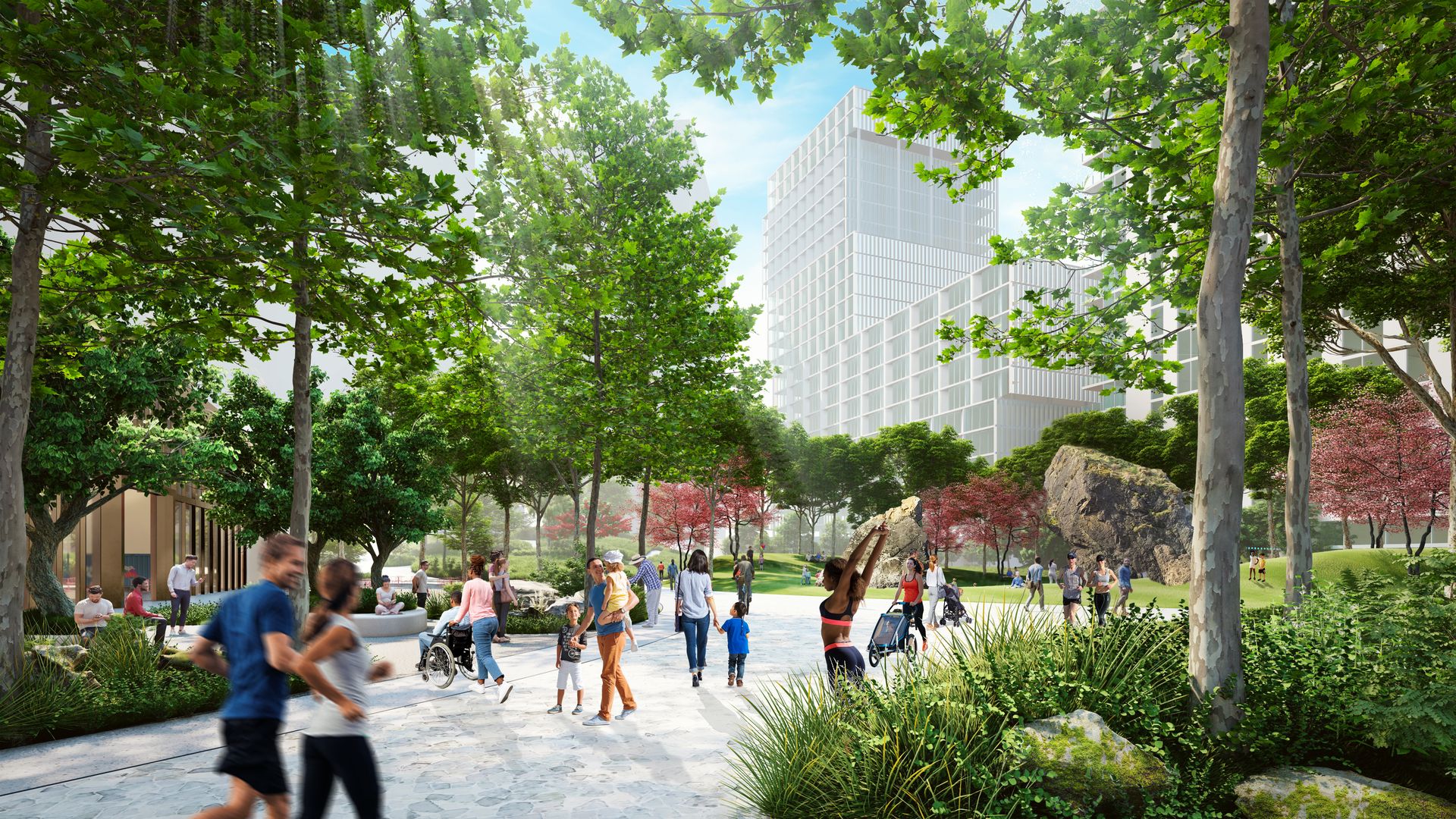 An artist's rendering of a redeveloped Lloyd Center, with pedestrian-friendly streets, green space and mixed-use buildings for high-rise housing.