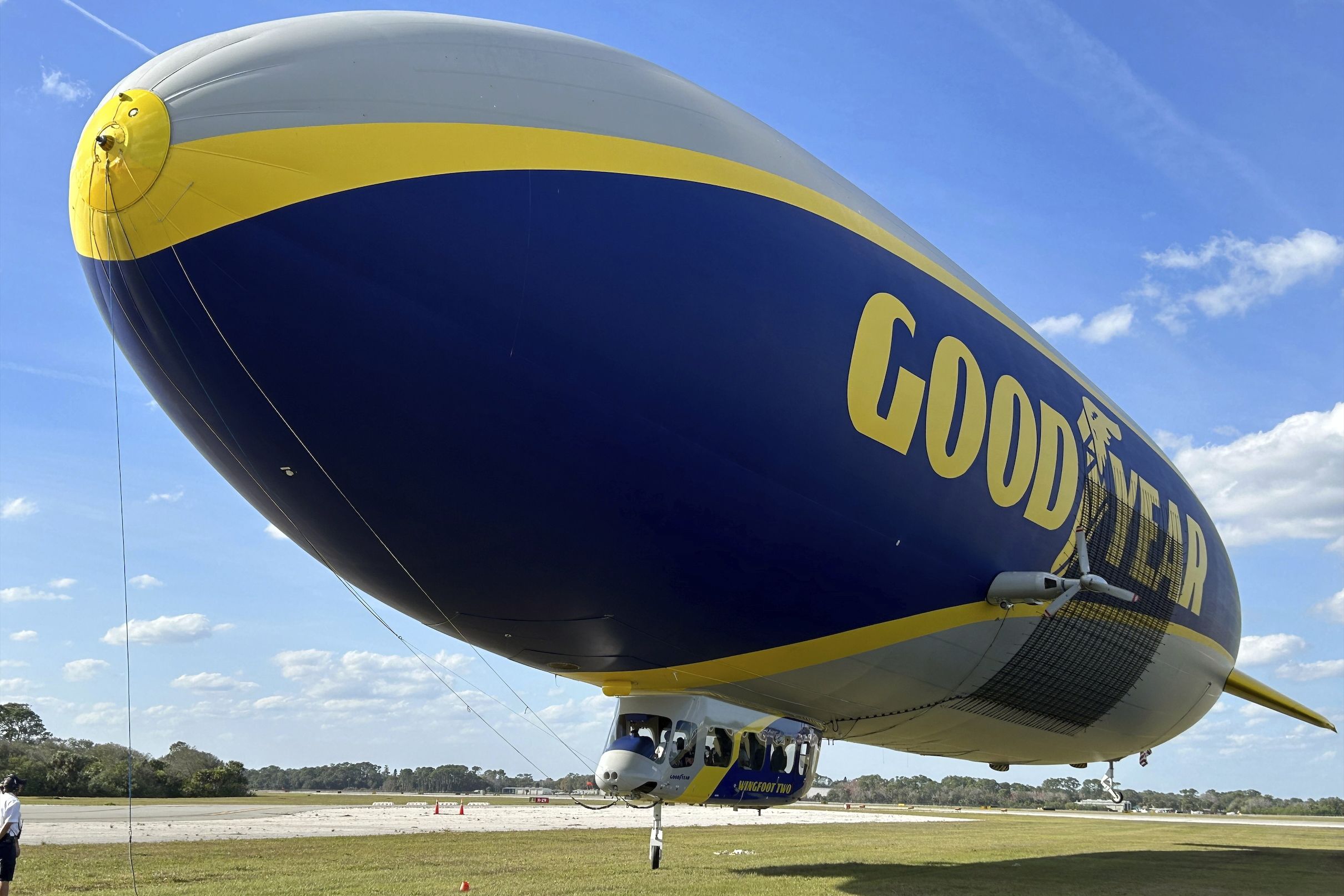 The Goodyear Blimp is prepared for takeoff, Wednesday, Feb. 12, 2025, in New Smyrna Beach, Fla. (AP Photo/Mark Long, File)