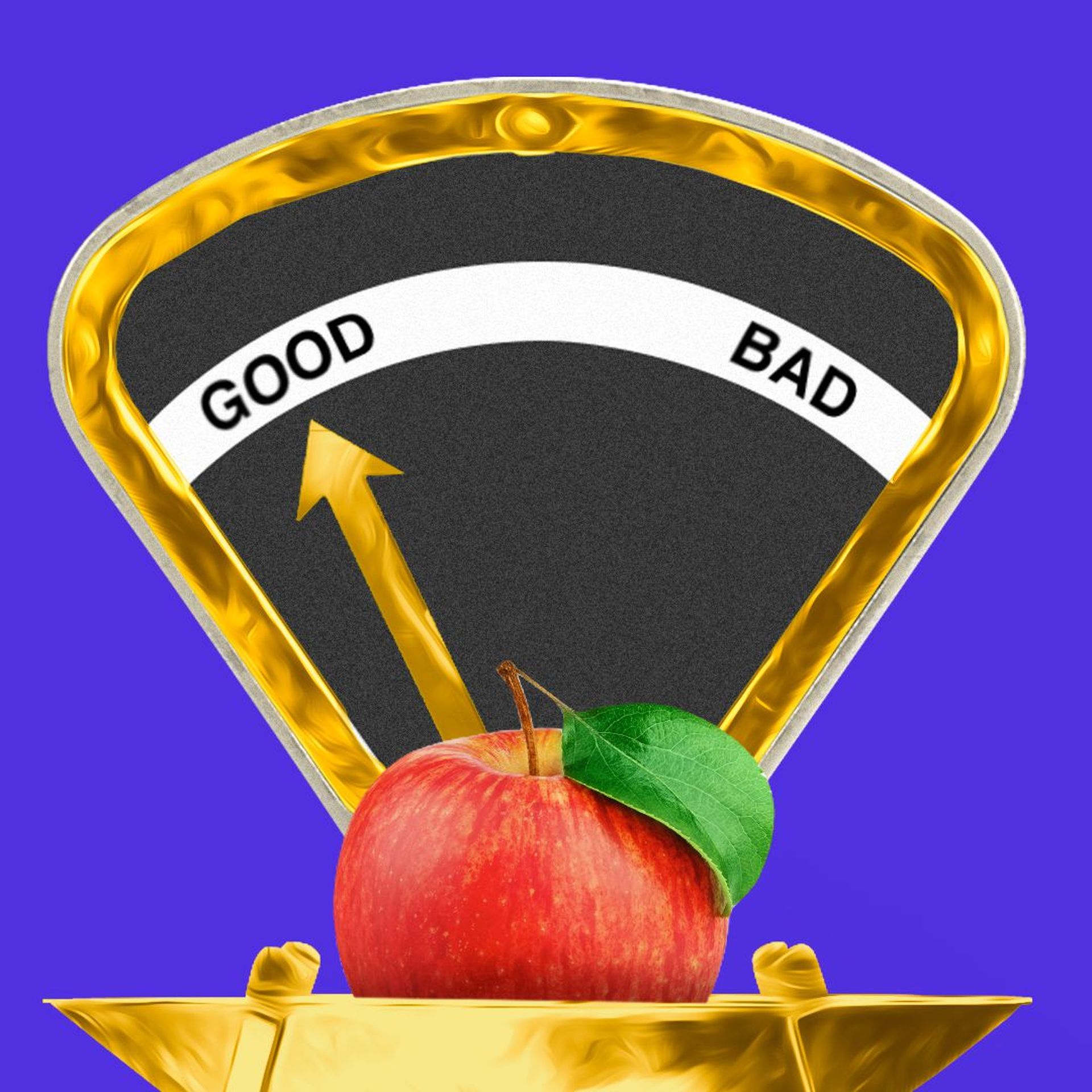 Illustration of an apple on a "Good/Bad" scale, with the scale arm hovering over "Good".   