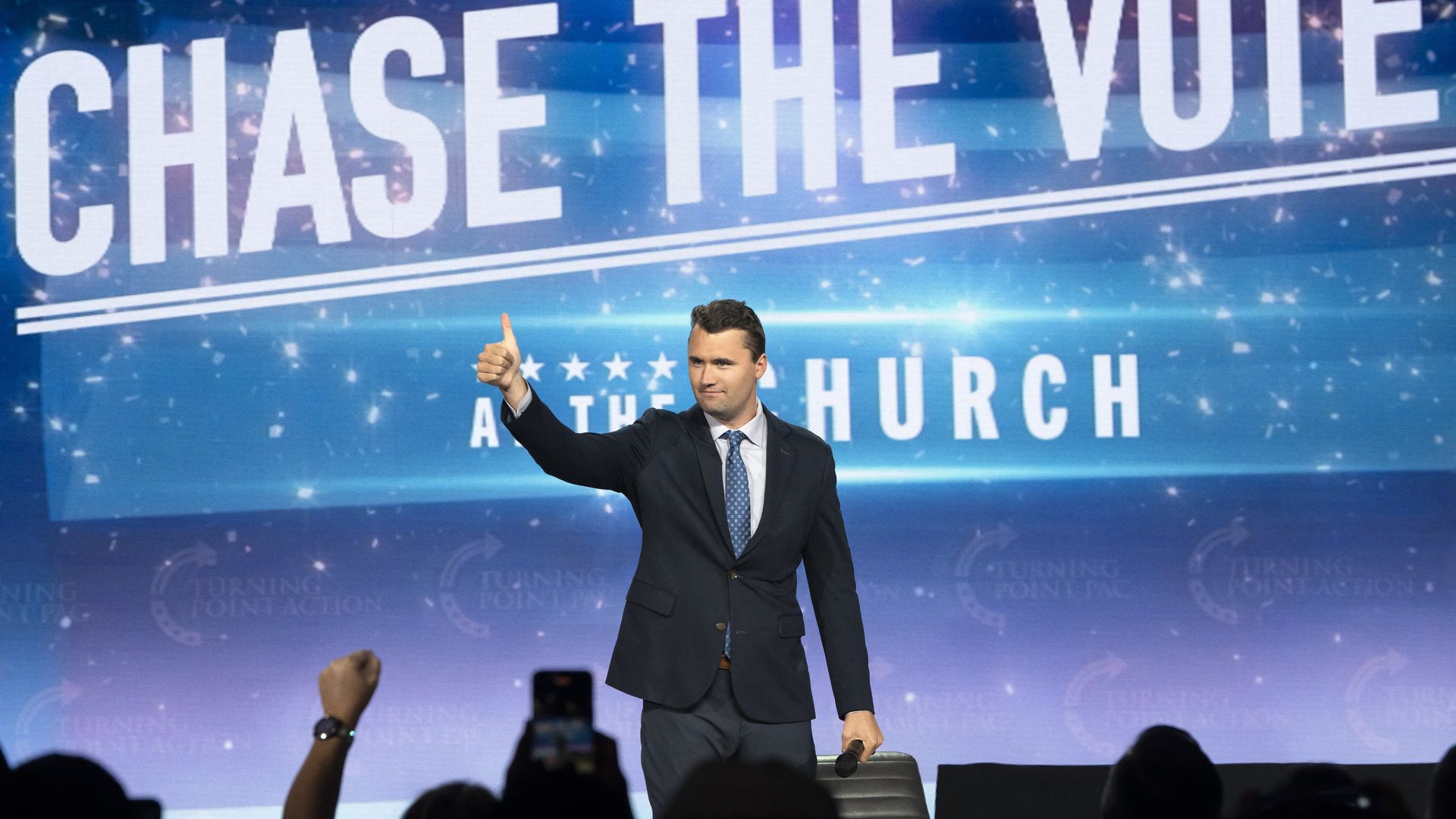 Charlie Kirk speaks at Generation Church in Mesa, Ariz., during Turning Point Action’s “Chase the Vote” event.
