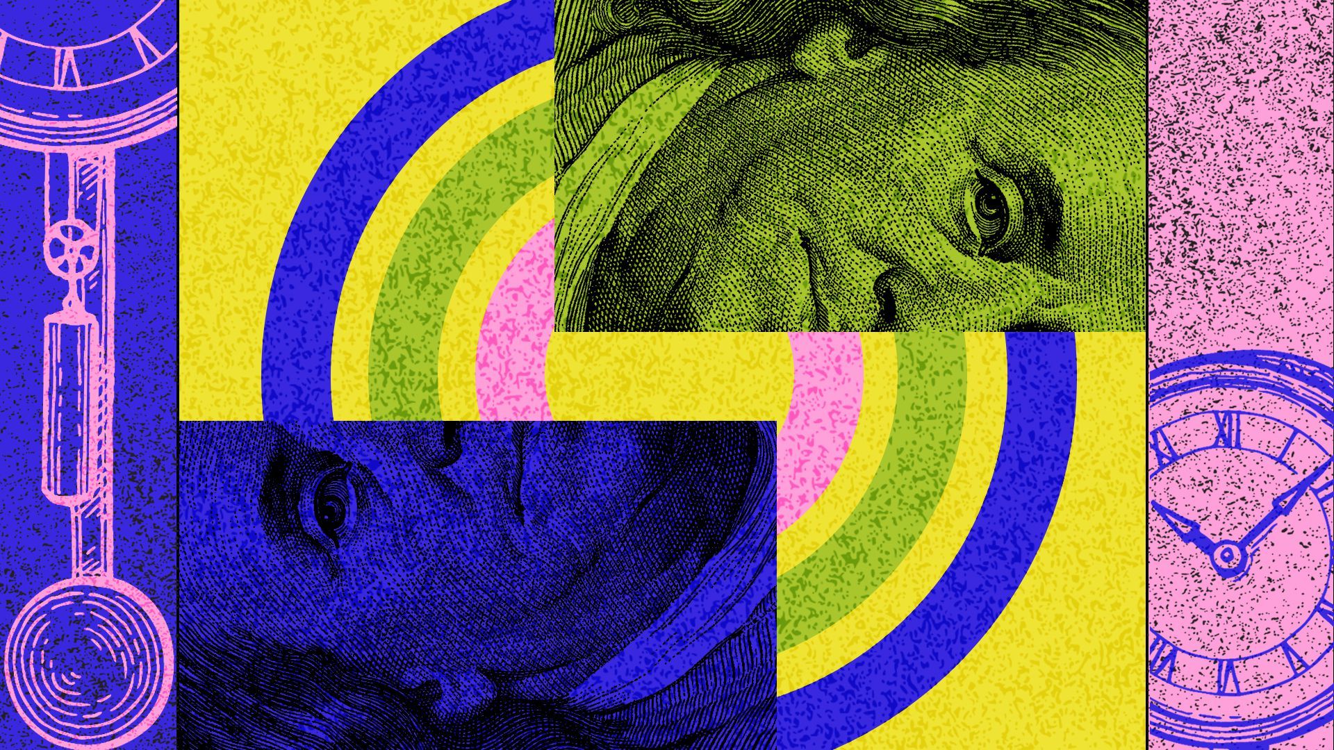 Illustration of Benjamin Franklin from a $100 dollar bill surrounded by clock imagery 