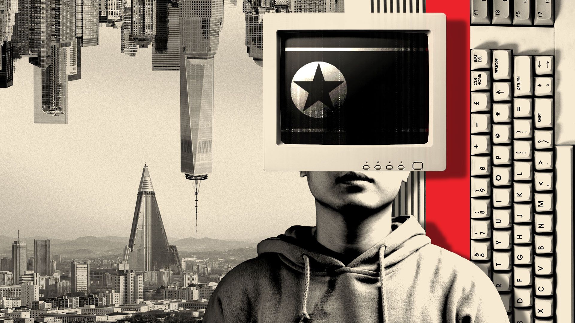 An illustration of a  grayscale image of a person in a hoodie with a vintage computer screen showing the North Korean flag, a keyboard, and cityscapes of New York and Pyongyang