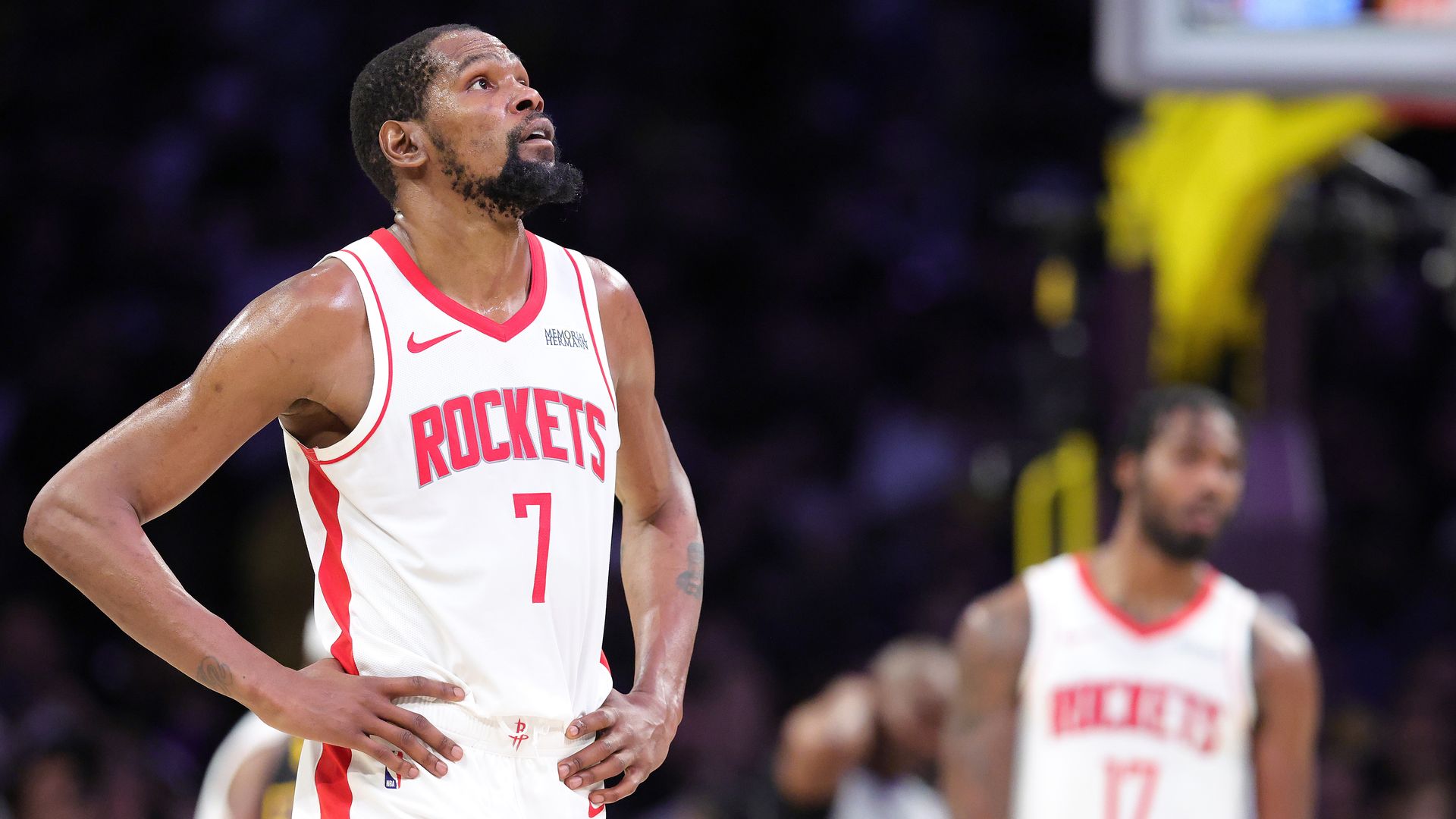 Houston Rockets guard Kevin Durant puts his hands on his hips during an NBA playoff game