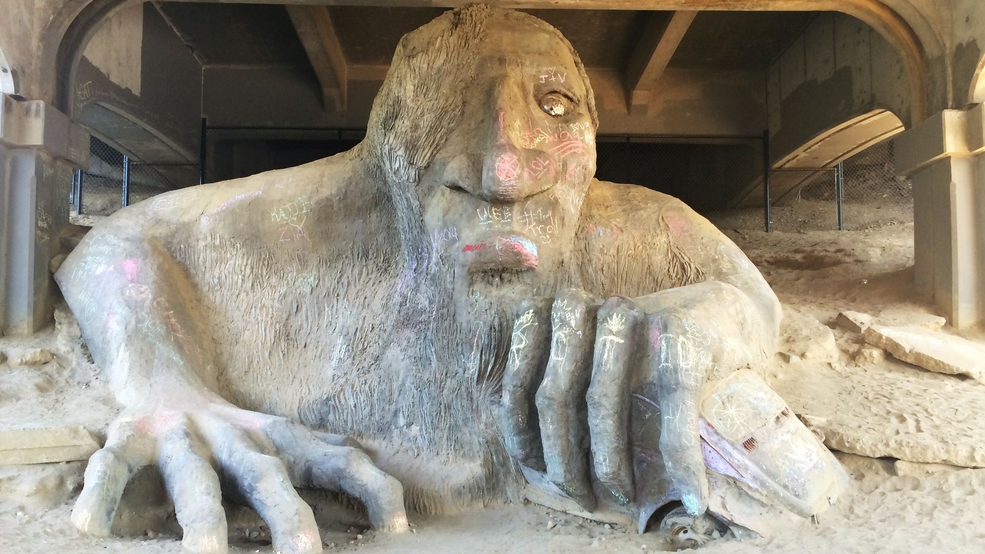 A concrete artwork known as the troll in Seattle