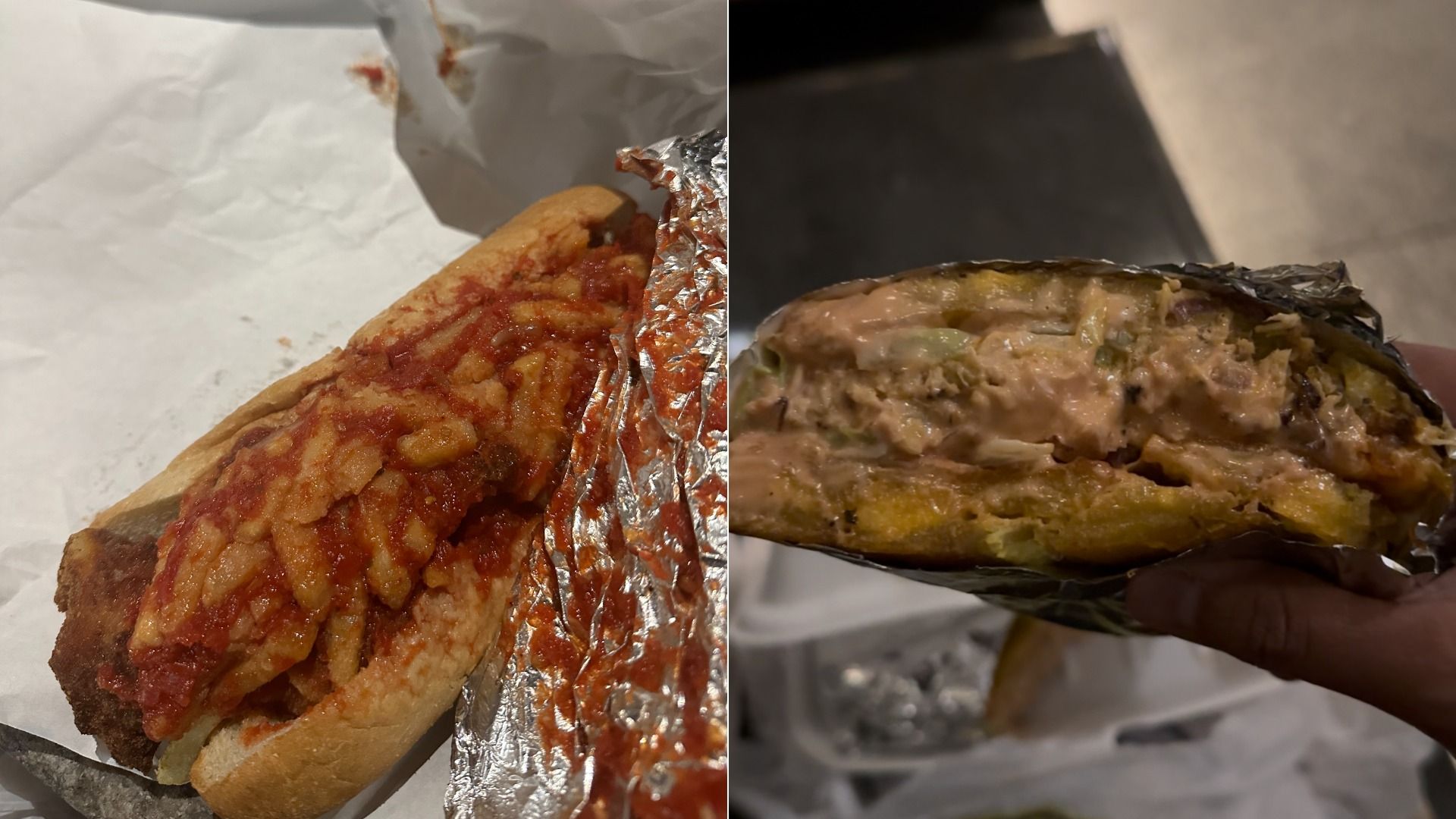 Left: fried sandwich with tomato sauce and melted cheese in a bun wrapped in foil. Right: close-up of a hand holding a foil-wrapped sandwich showing creamy, chunky filling inside.
