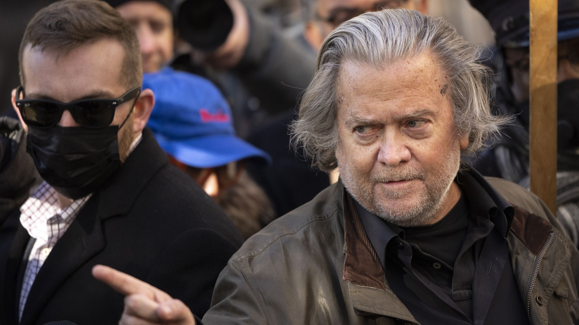 Steve Bannon speaks to the press on his way out of federal court in November 2021.
