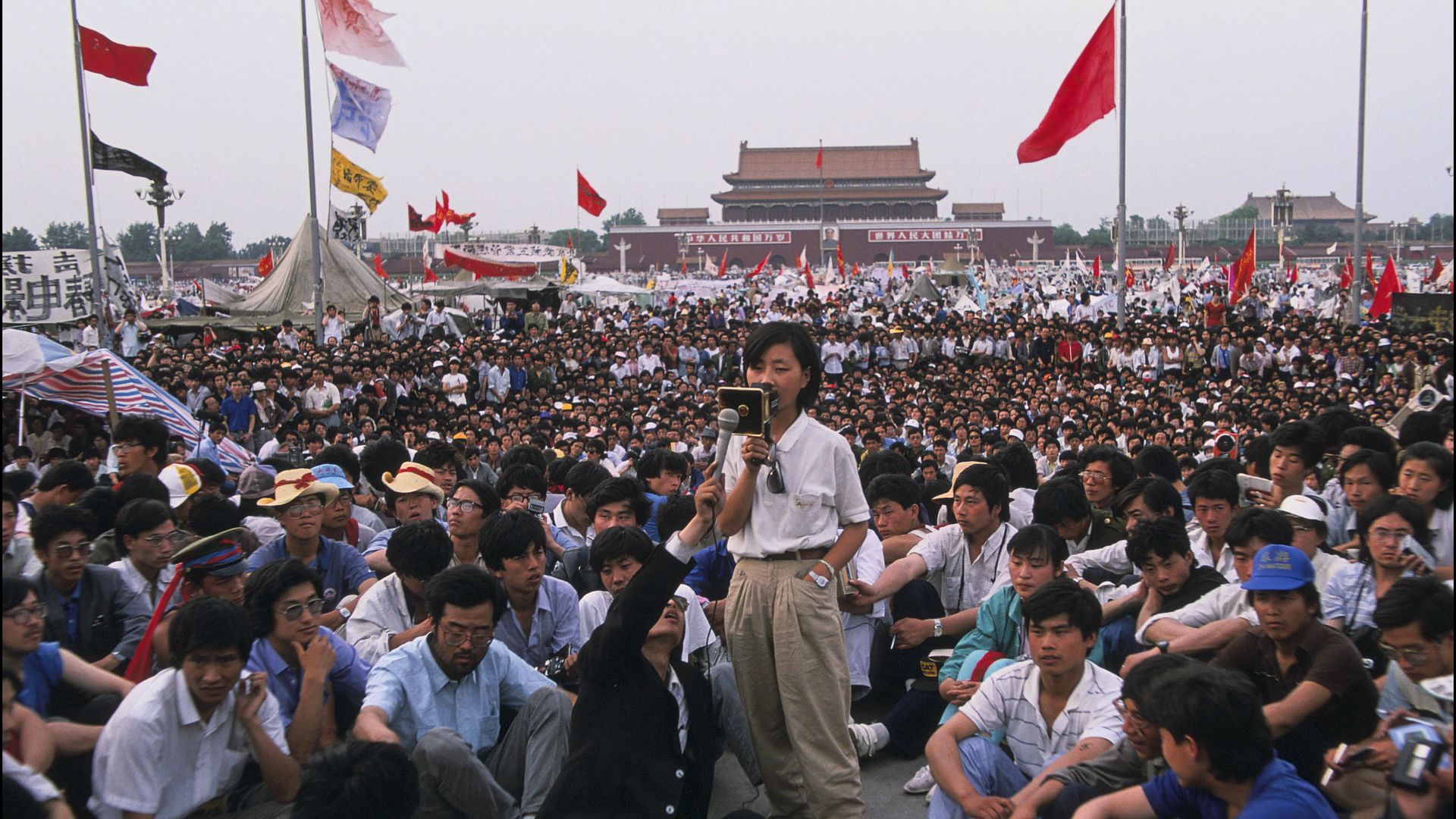 Chai Ling, student movement leader in Beijing, China on May 28, 1989 at Tiananmen square