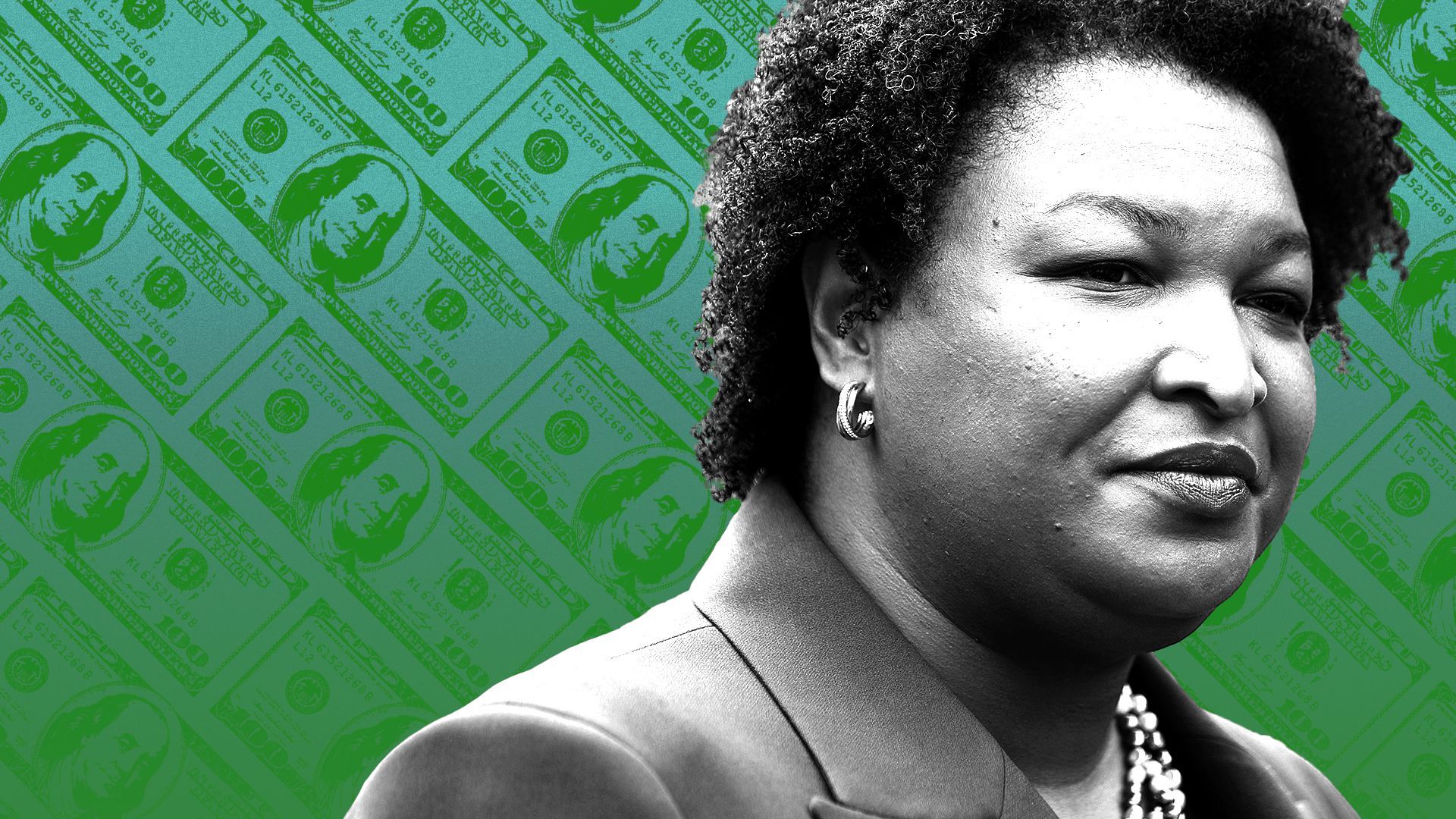 Photo illustration of Stacey Abrams in front of a pattern of hundred dollar bills at a 45 degree angle.