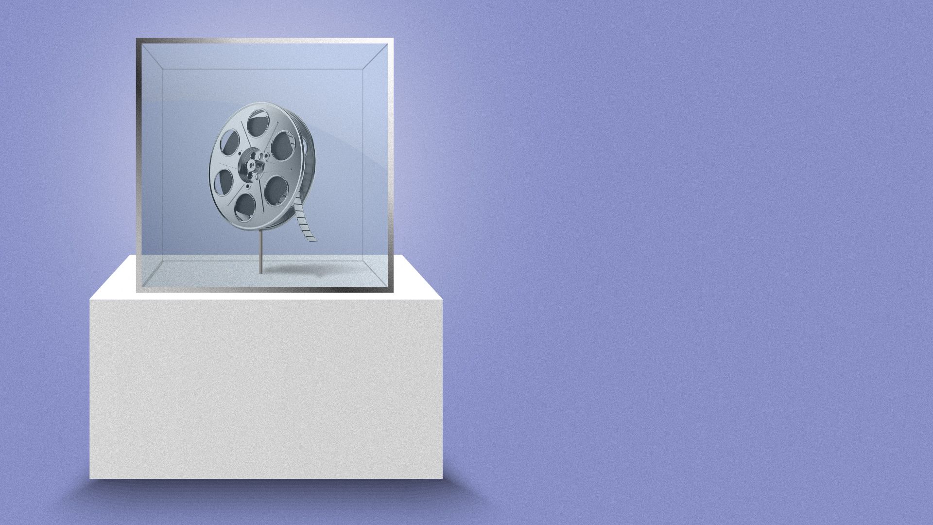 Illustration of a film reel inside a glass museum case.