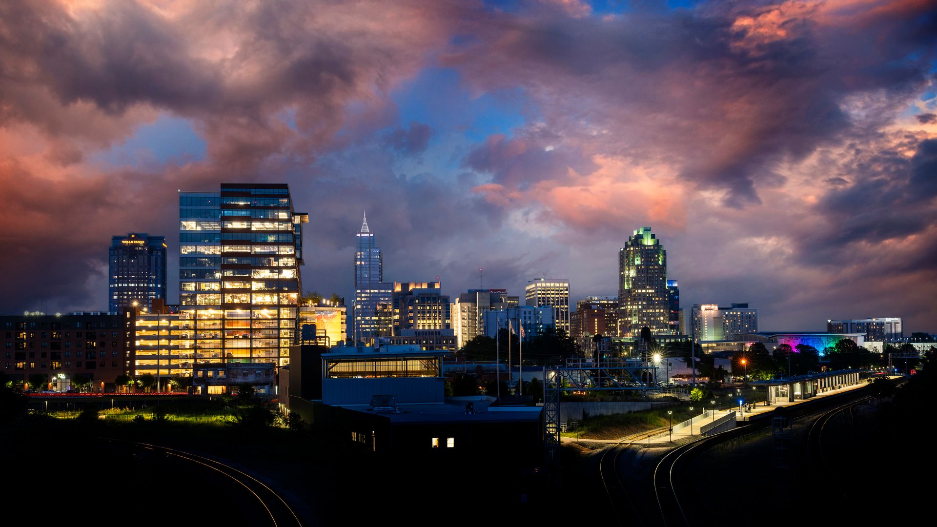 The downtown Raleigh skyline at dusk