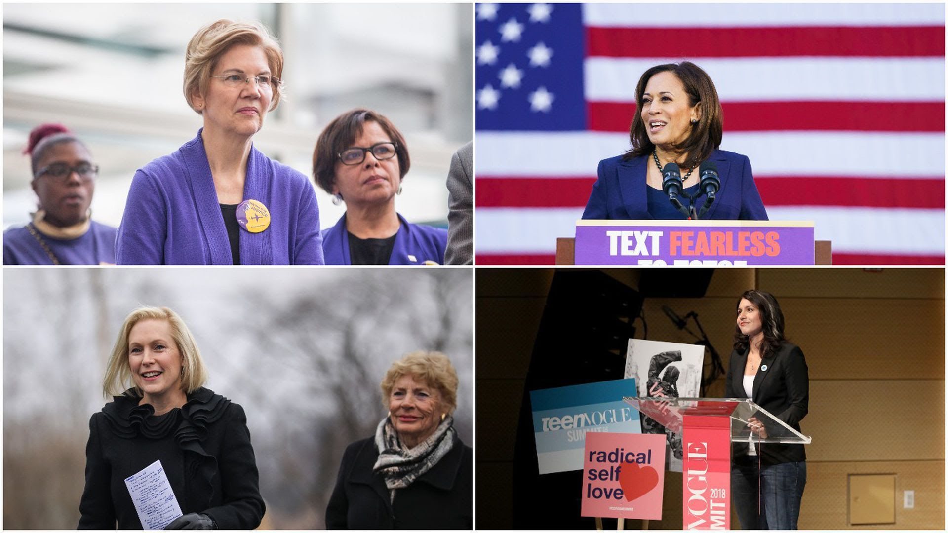 Photo with four quadrants from top left, clockwise: Elizabeth Warren, Kamala Harris, Tulsi Gabbard and Kirsten Gillibrand