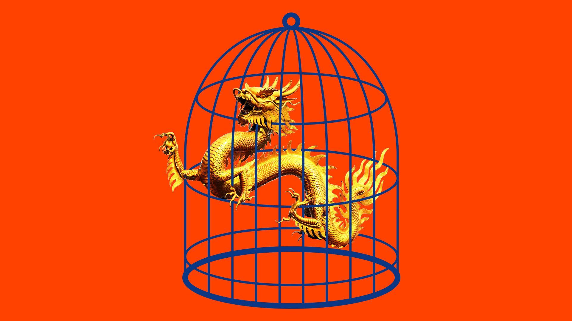 An illustration of a Chinese dragon caught in a cage