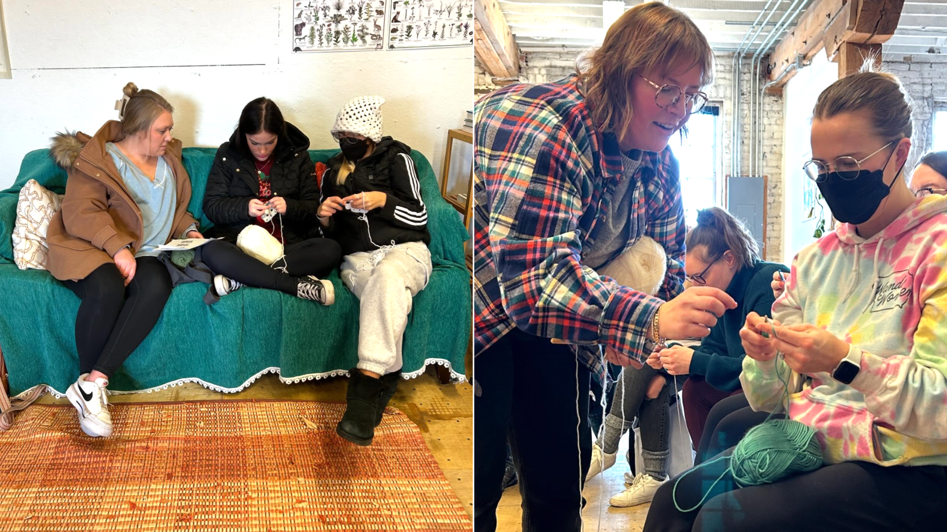 Three people crocheting on a couch and two people on the right working together on a crochet project