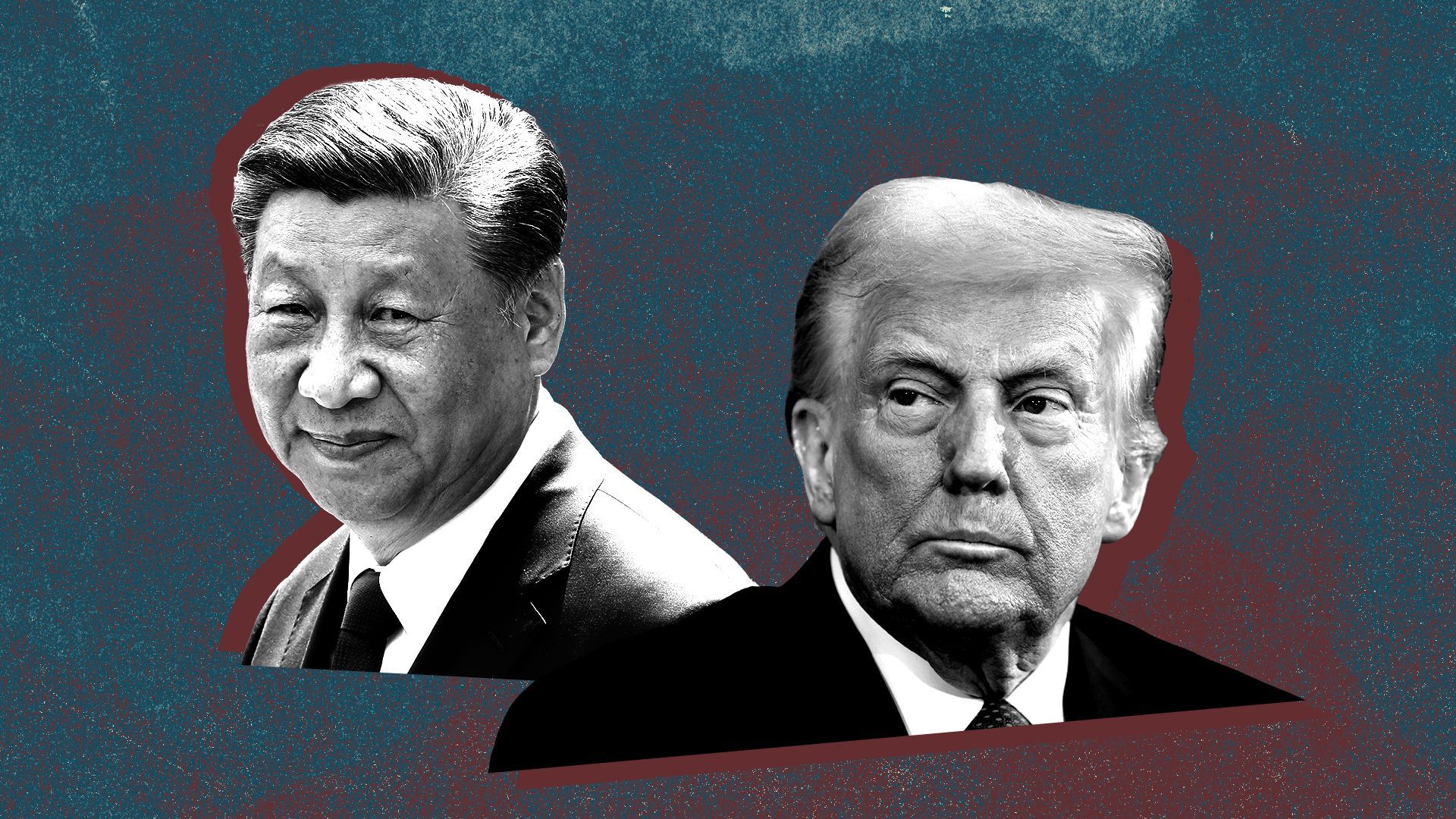 Photo illustration of a collage featuring Xi Jinping and Donald Trump over a red and blue background.
