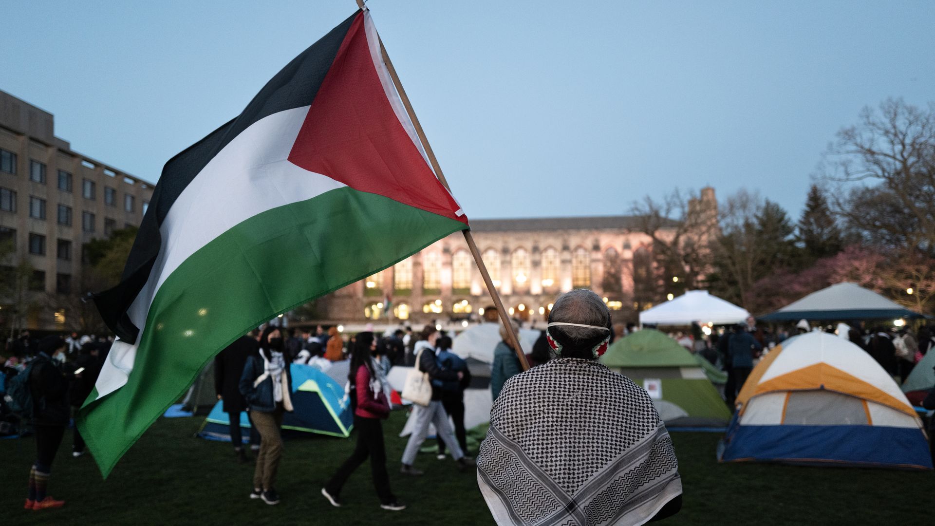 People rally on the campus of Northwestern University to show support for residents of Gaza on April 25