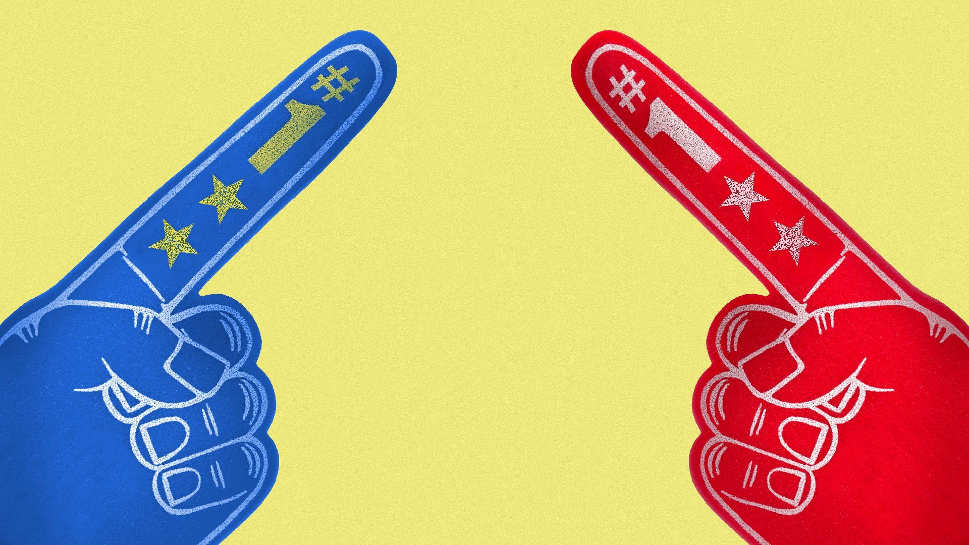 Illustration of giant foam hands pointed at one another, as if dueling.