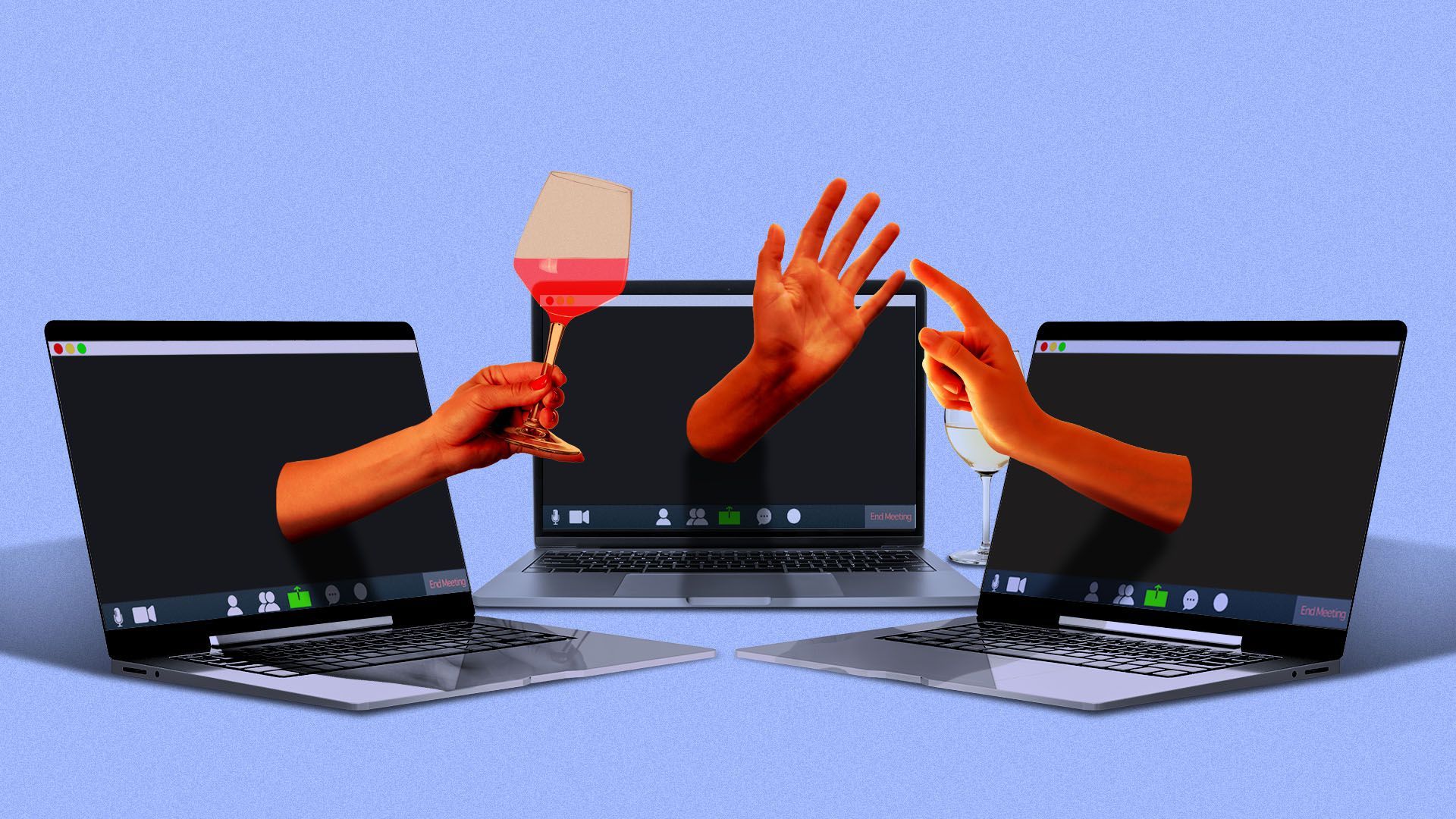 Illustration of three laptops facing each other with hands emerging from the screens interacting with one another 