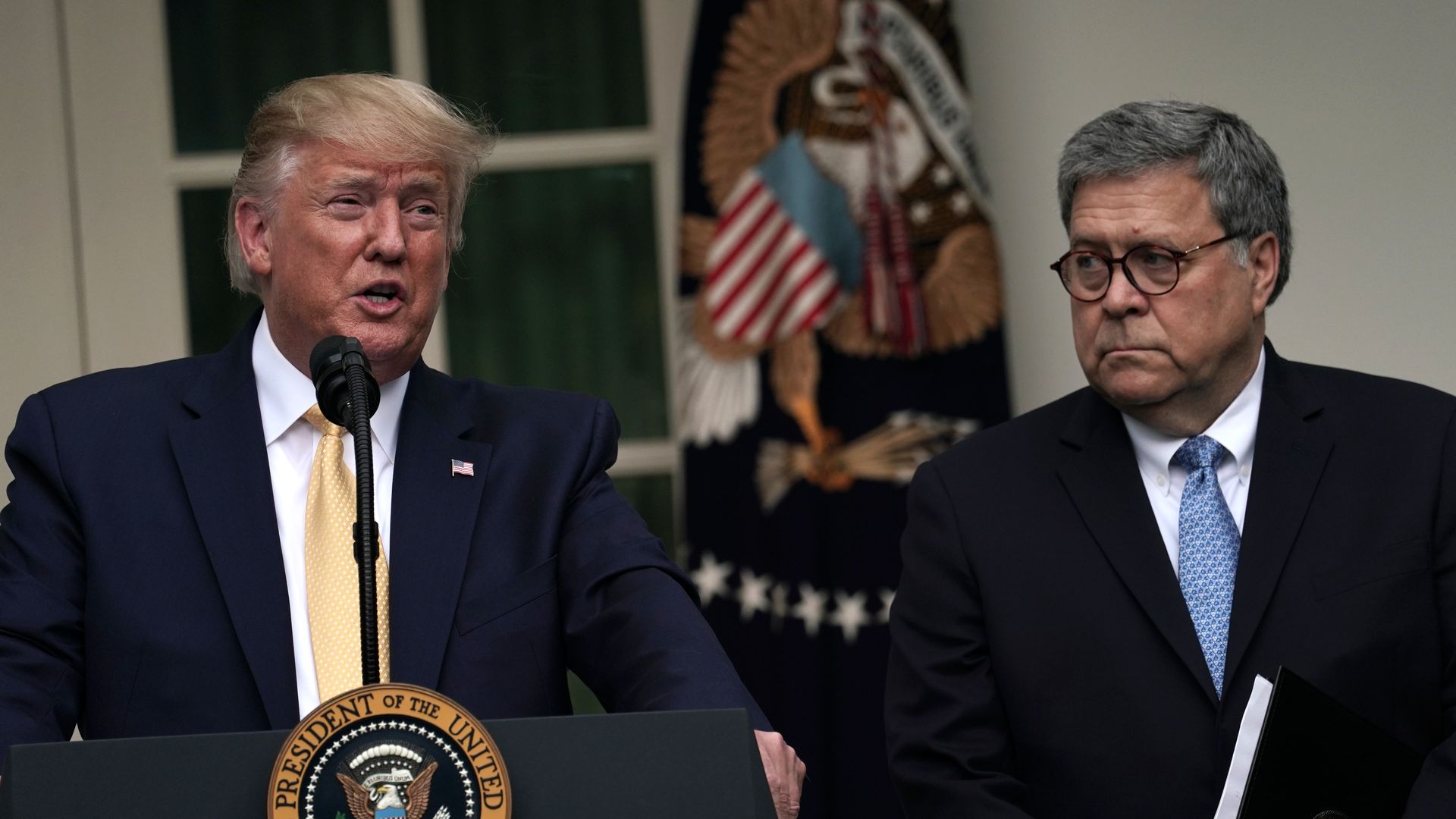  President Donald Trump makes a statement on the census with Attorney General William Barr in the Rose Garden of the White House on July 11, 2019