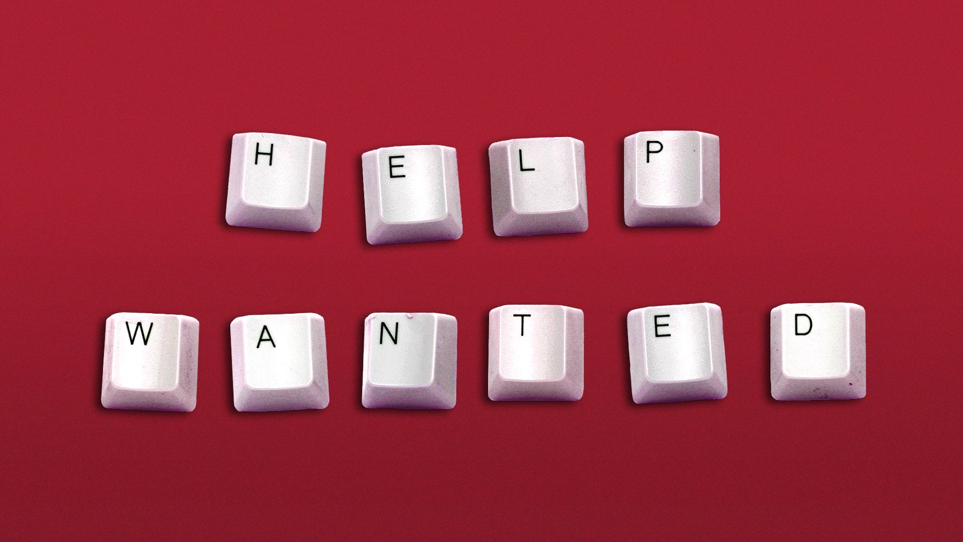 Illustration of keyboard letters spelling "Helped Wanted"