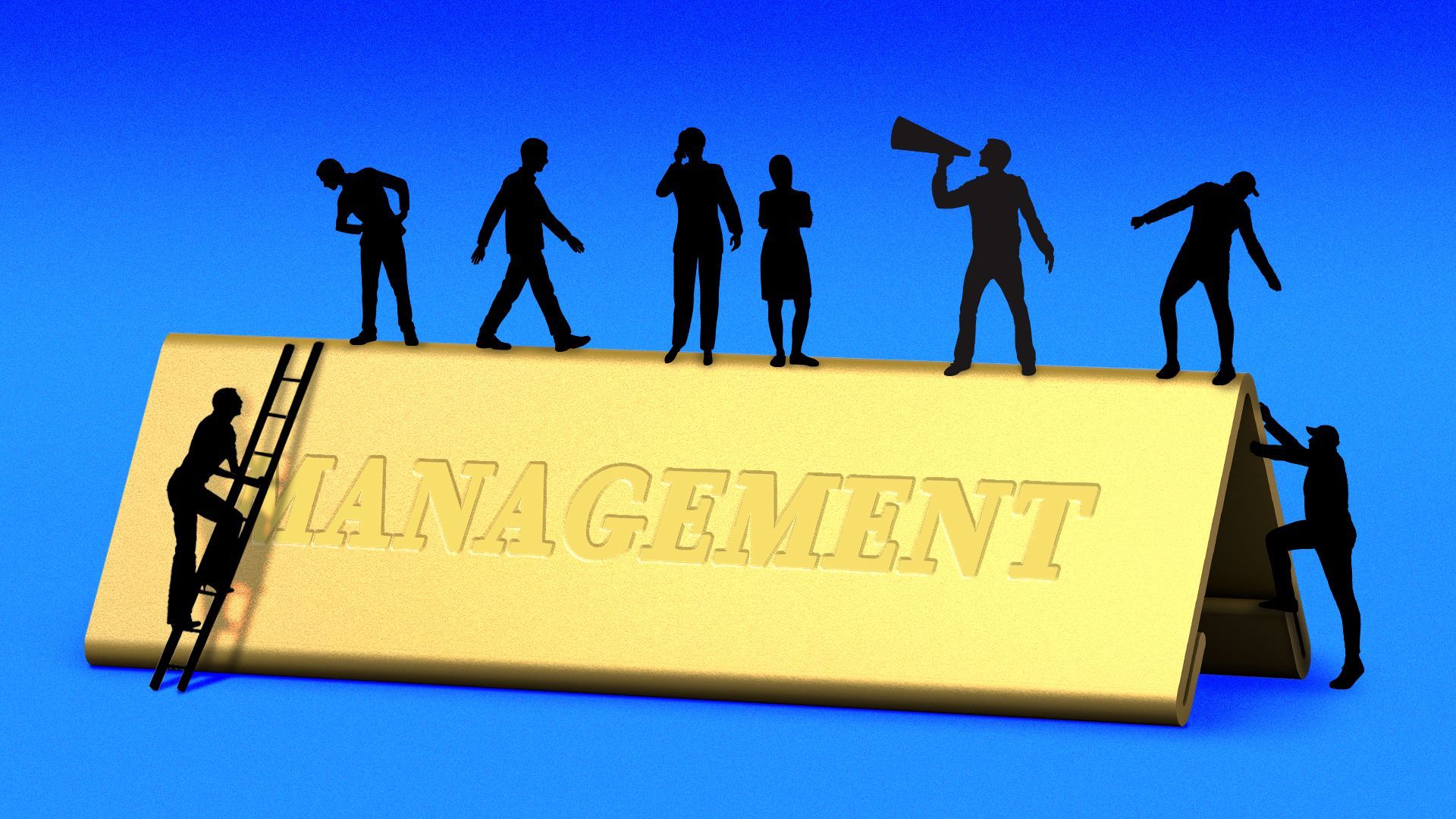 Illustration of small silhouetted people climbing atop a desktop name plate stating "management"