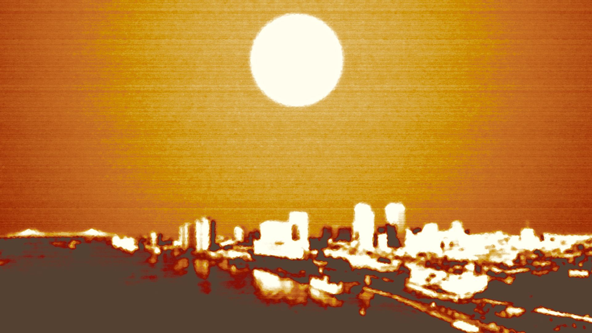 Illustration of the New Orleans skyline under a hot sun.