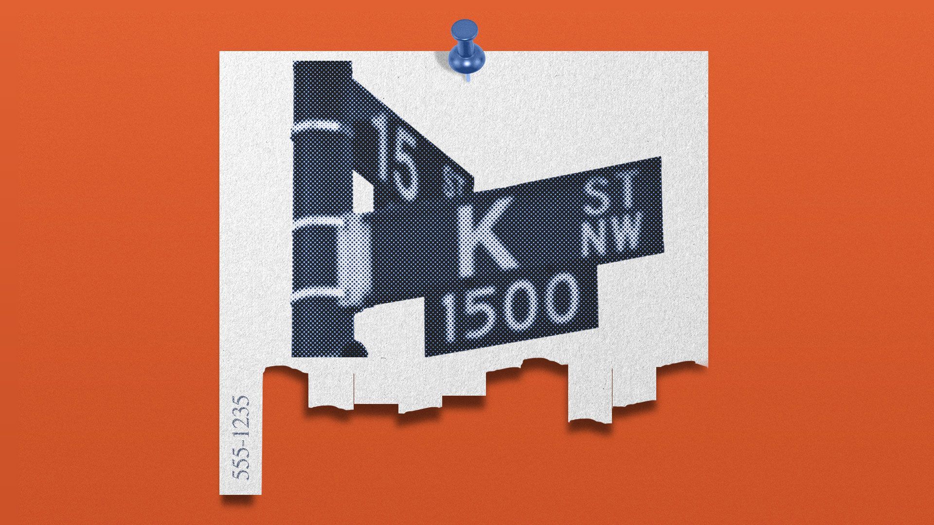 Illustration of a job posting with all but one strip torn off. The job posting has the K Street street sign